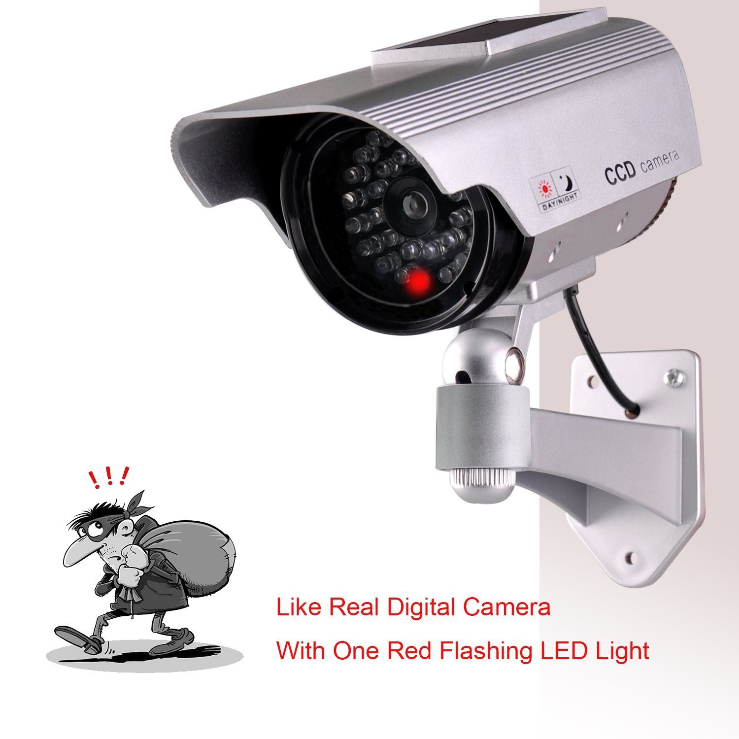 JUSTOP Twin Pack Fake Security Camera Outdoor Indoor Waterproof with Realistic LED Light - Solar or Battery Powered - Silver - Ideal for Home, Office, and Store Surveillance