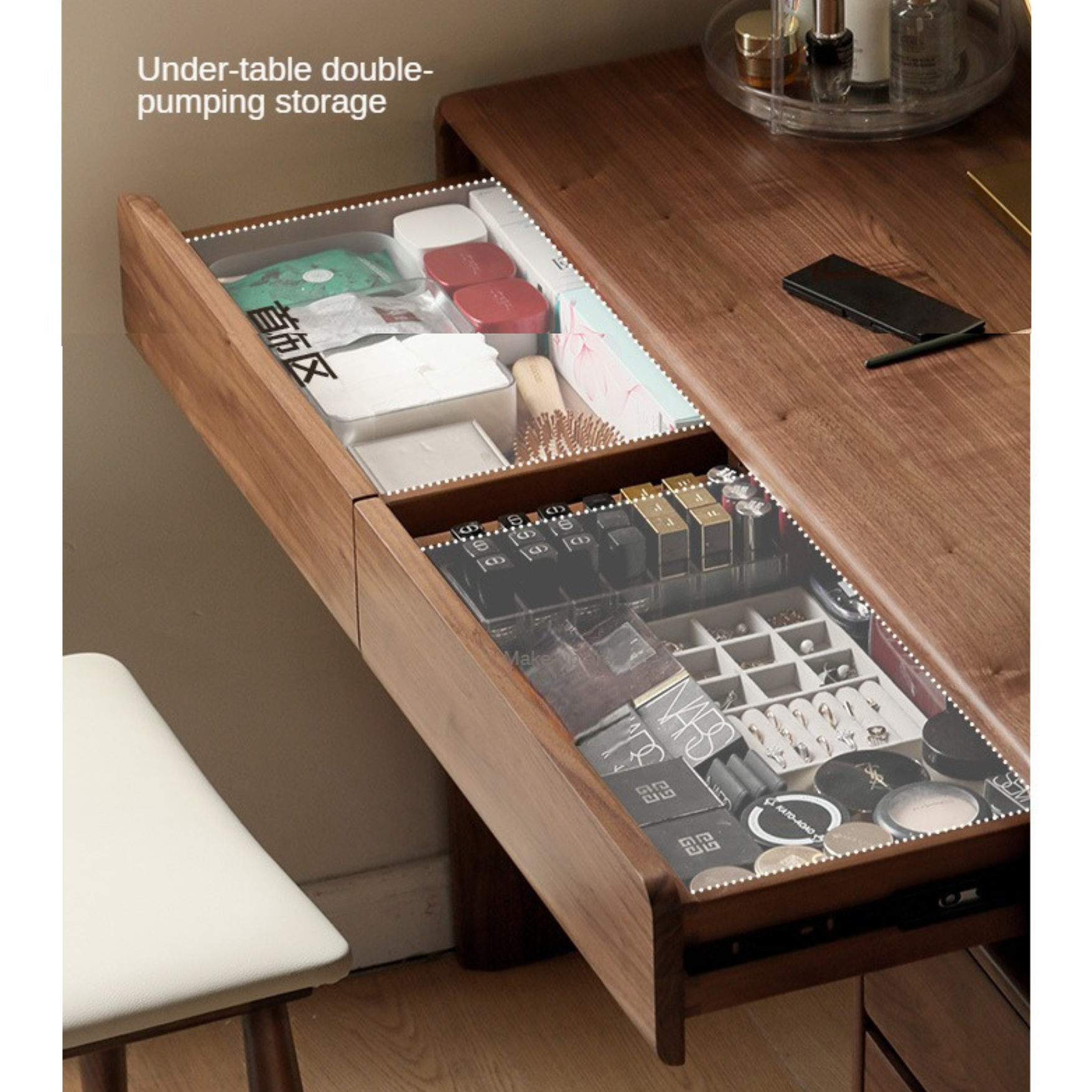 Solid Black Walnut Wood Dressing Table with Drawers - Elegant Vanity Desk for Bedroom, Makeup & Jewelry Storage