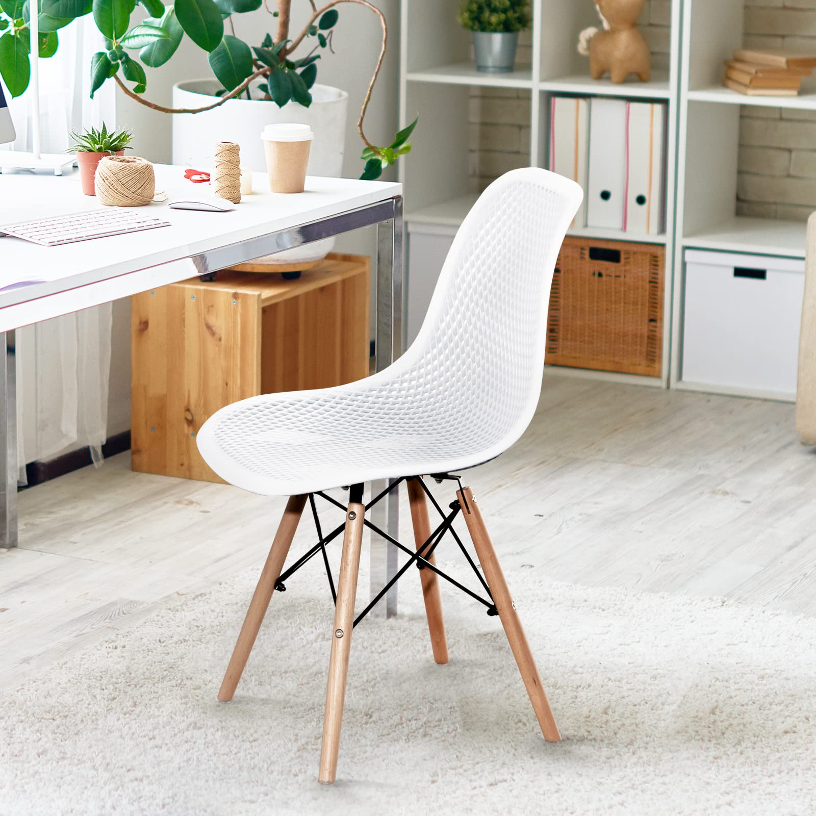 Modern Moccha Set of 4 Dining DSW Chairs with Beech Wood Legs & Mesh Design - Shell PP Lounge Side Chairs for Dining Room, Living Room, Kitchen - Perfect for Home Decor, Small Spaces & Entertaining Guests (White)