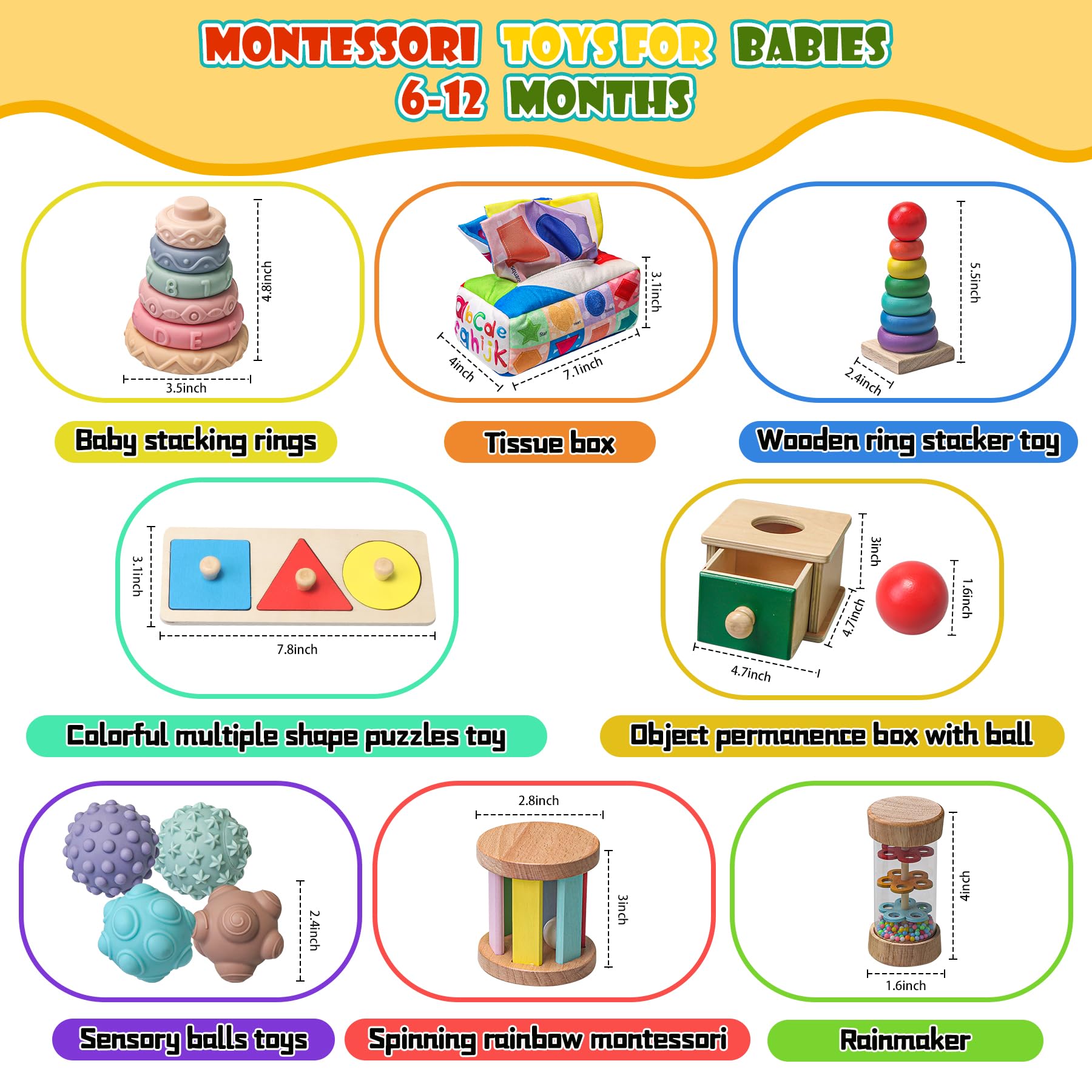 Montessori Wooden Sensory Toys for Babies 6-18 Months - 8 in 1 Educational Learning Set with Tissue Box Toy, Rainmaker & More - Perfect for Early Development, Daycare, and Home Play
