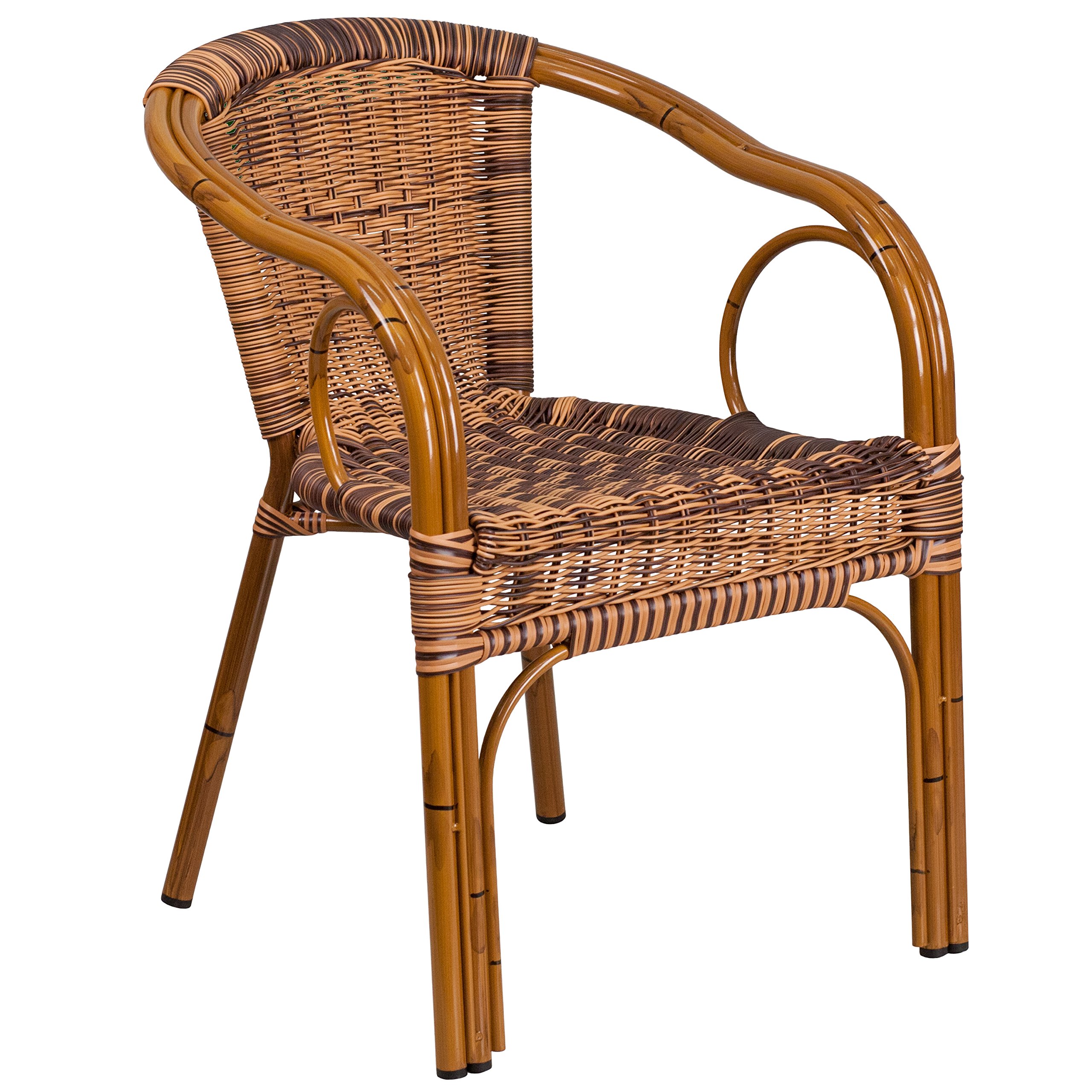 EMMA + OLIVER Brown Rattan Patio Chair with Dark Red Bamboo-Aluminum Frame - Outdoor Dining, Poolside Relaxation, Garden Decor, Backyard Furniture for Patio, Deck or Balcony