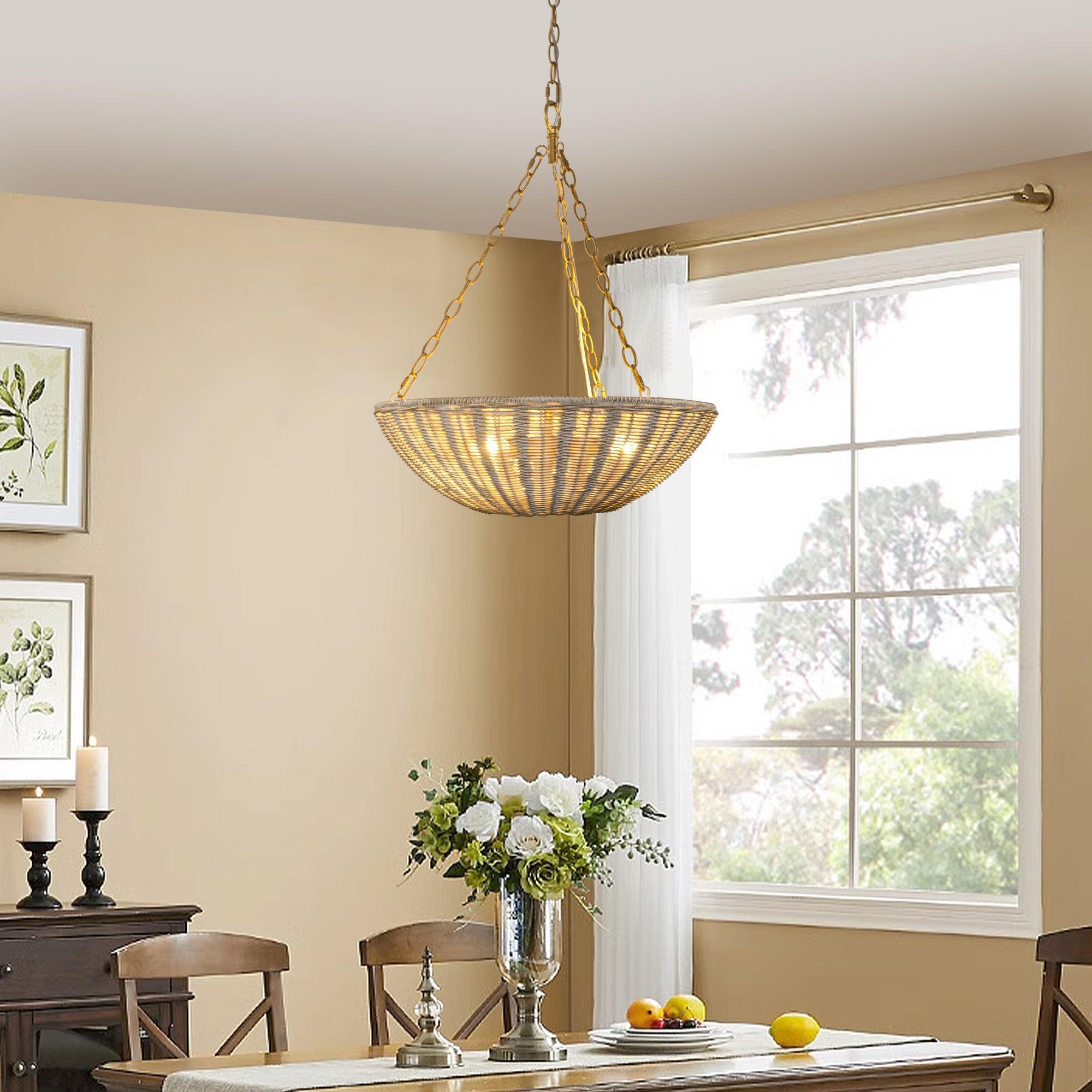 Farmhouse 3-Light Rattan Pendant Lighting - Bowl Shaped Ceiling Light Fixture for Kitchen Island, Dining Room, or Bedroom Decor