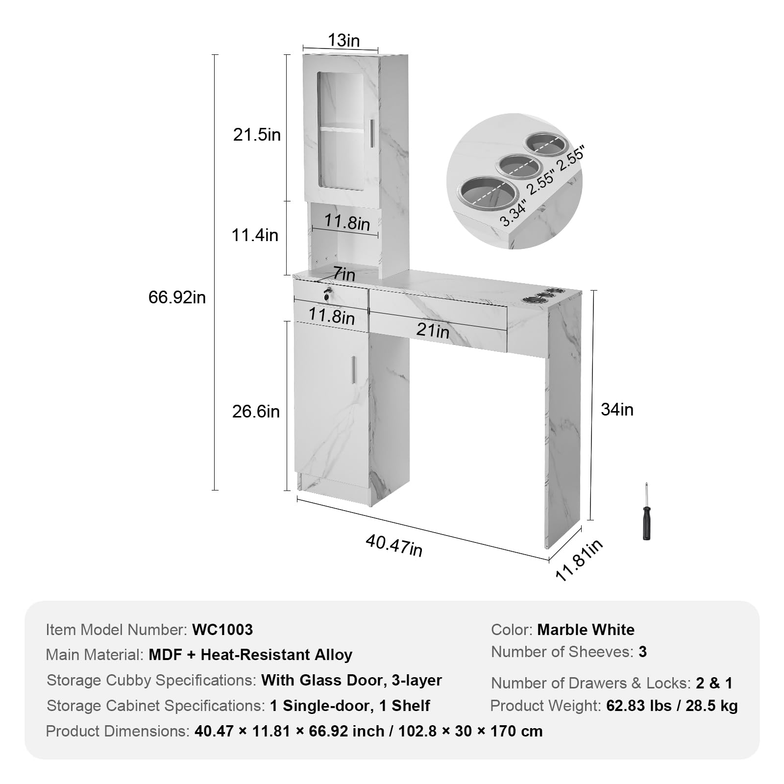 VEVOR Wall Mount Salon Station - Professional Barber & Hair Stylist Storage Cabinet with 3 Cubbies, 2 Drawers (1 Lockable) - White Beauty Spa Furniture for Salon Organization & Home Styling
