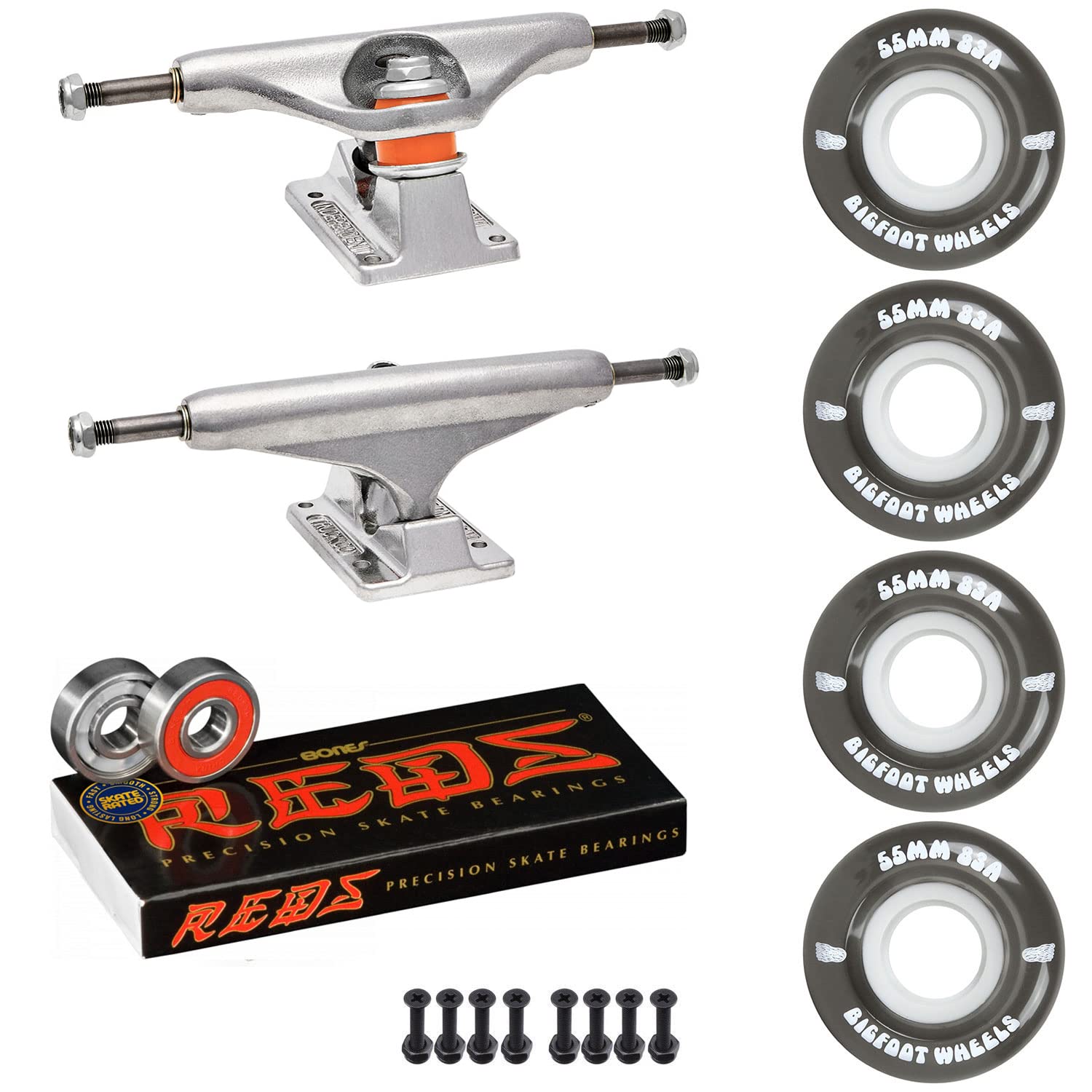 Premium Independent Skateboard Trucks Kit with Bigfoot 55mm 83A Soft Wheels, Bones Reds Bearings, 1