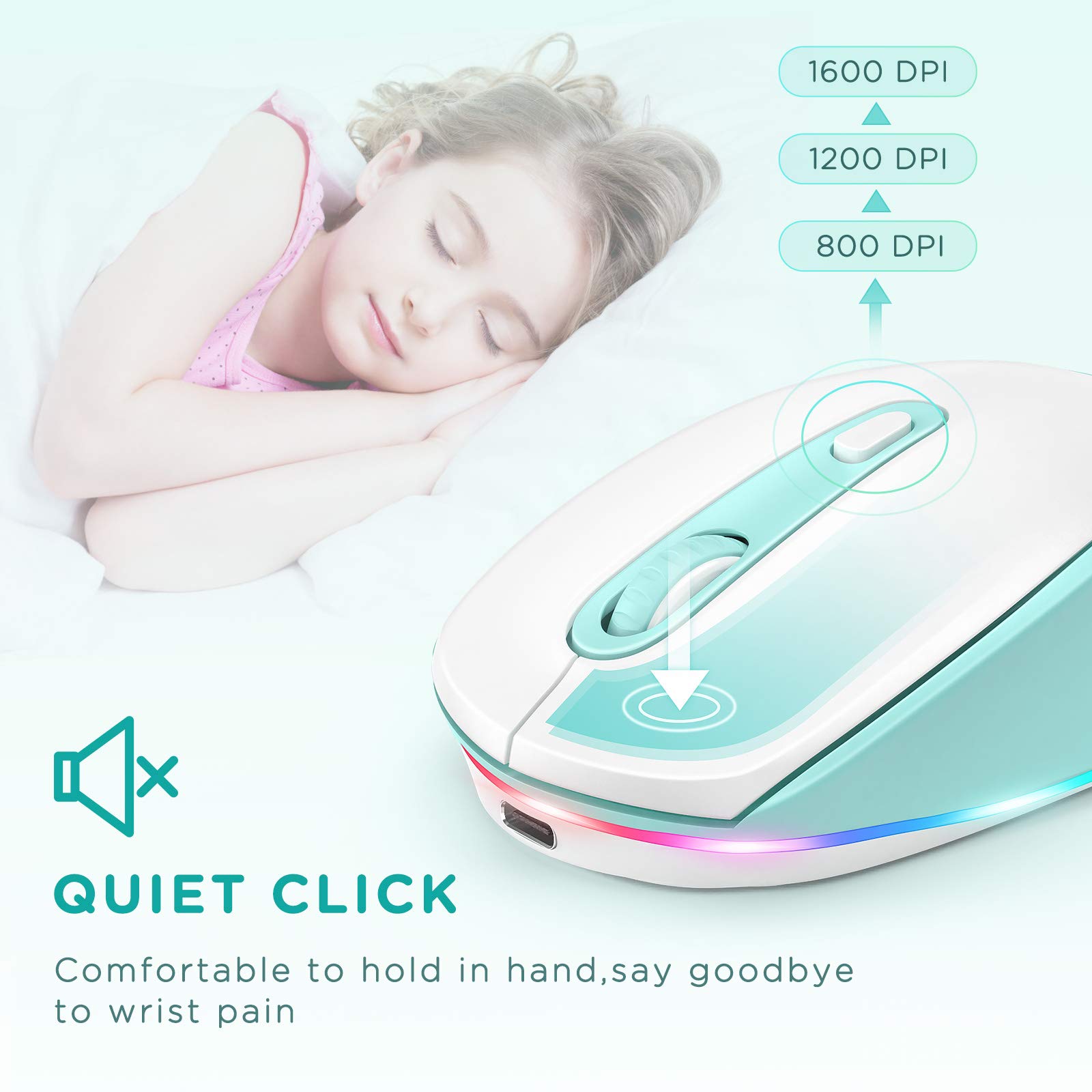 Seenda Wireless Rechargeable Mouse with LED Rainbow Lights - Quiet Click Cordless Mouse for Laptop, PC, Chromebook, Mac (Windows/Mac Compatible) - Perfect for Office Work, Gaming & Kids Use - Mint Green