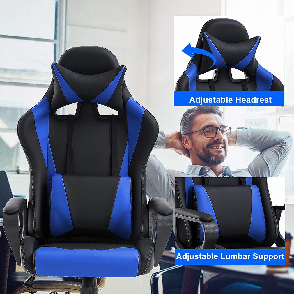 Best Ergonomic High-Back Gaming Chair - PU Leather Office Computer Desk Chair with Lumbar Support & Swivel Base - Comfortable Racing Style Task Chair for Back Pain Relief (Blue) - Perfect for Home Office, Gaming Setup & Workstation