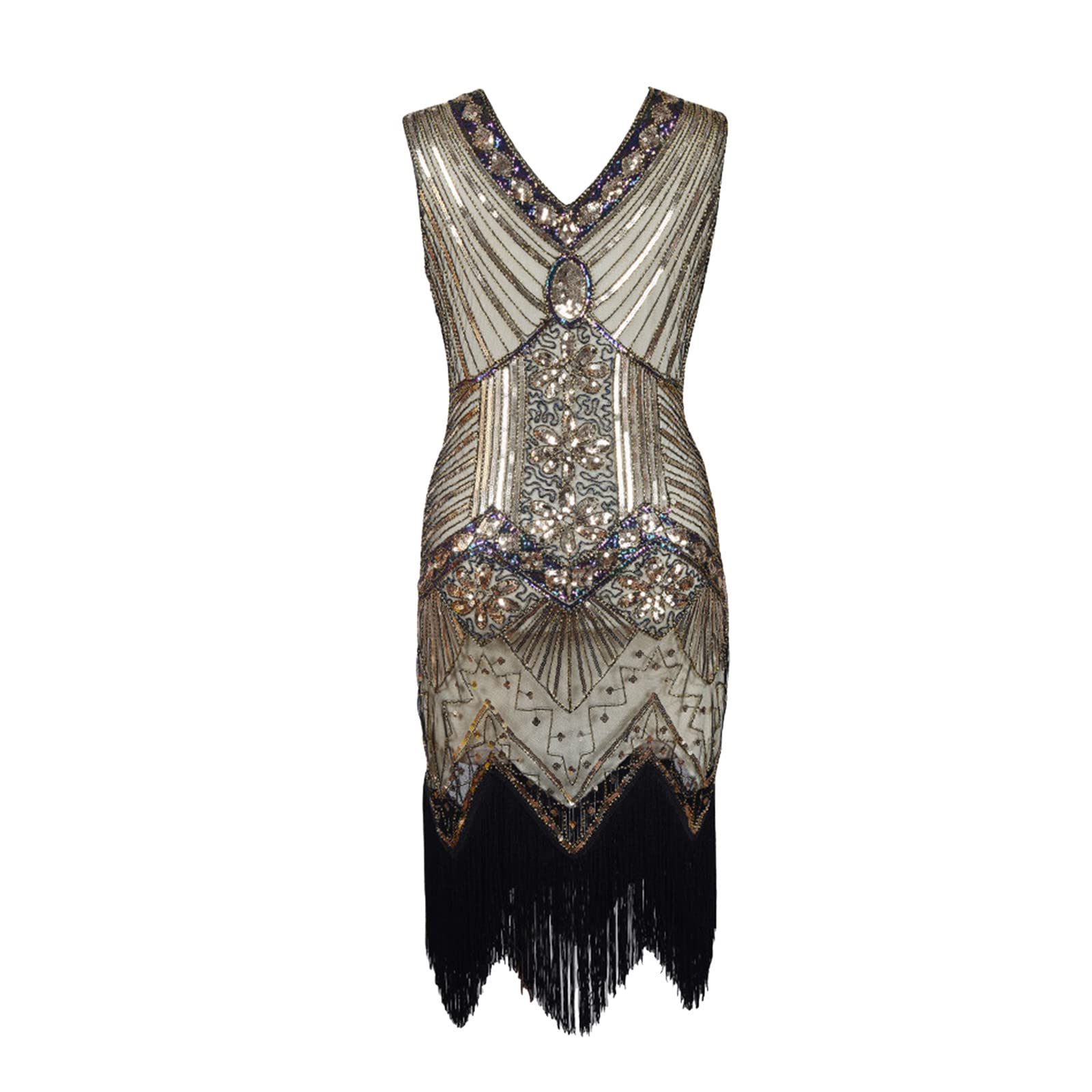 Vintage Flapper Women's Midi Cocktail Dress with V-Neck & Tassel Details - Short Sleeve Summer Party Dress in Yellow | Perfect for Gatsby Themed Events, Cocktail Parties & Retro Fashion Lovers