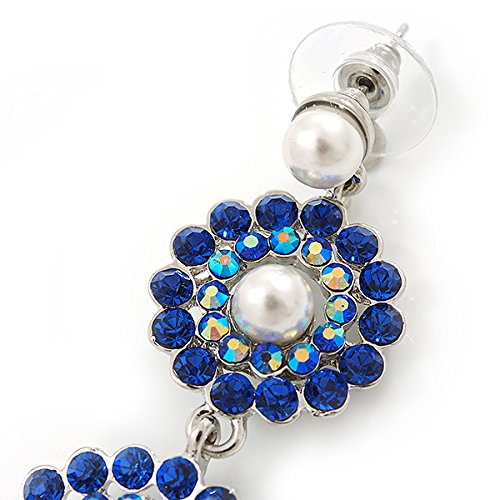 Elegant Sapphire Blue & AB Austrian Crystal Pearl Double Hoop Drop Earrings - 55mm Rhodium Plated Dangle Earrings for Women | Perfect for Weddings, Parties & Special Occasions