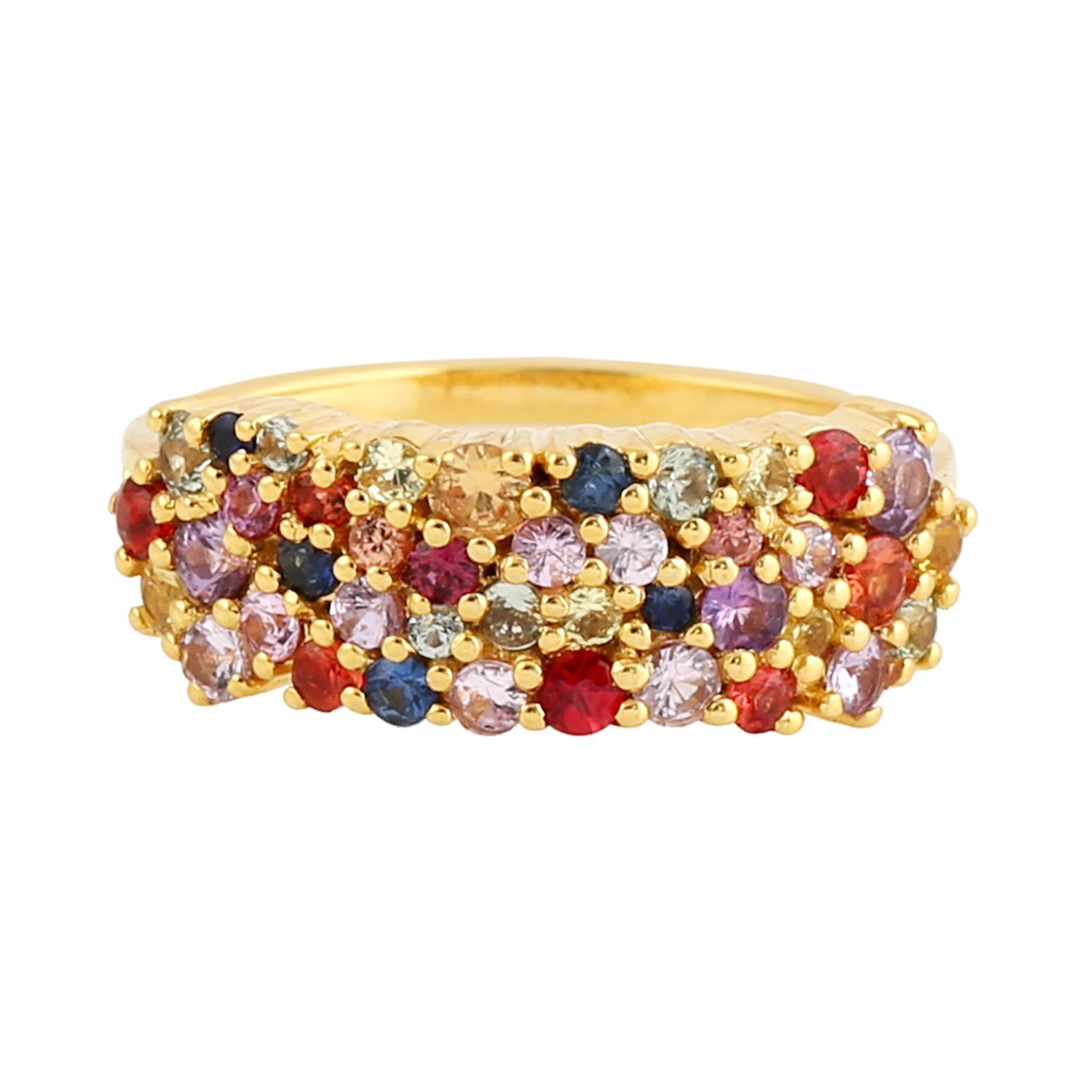 18K Yellow Gold Prong Set Multicolor Sapphire Handmade Band Ring for Women | Elegant Stackable Jewelry Gift for Anniversary, Wedding & Special Occasions