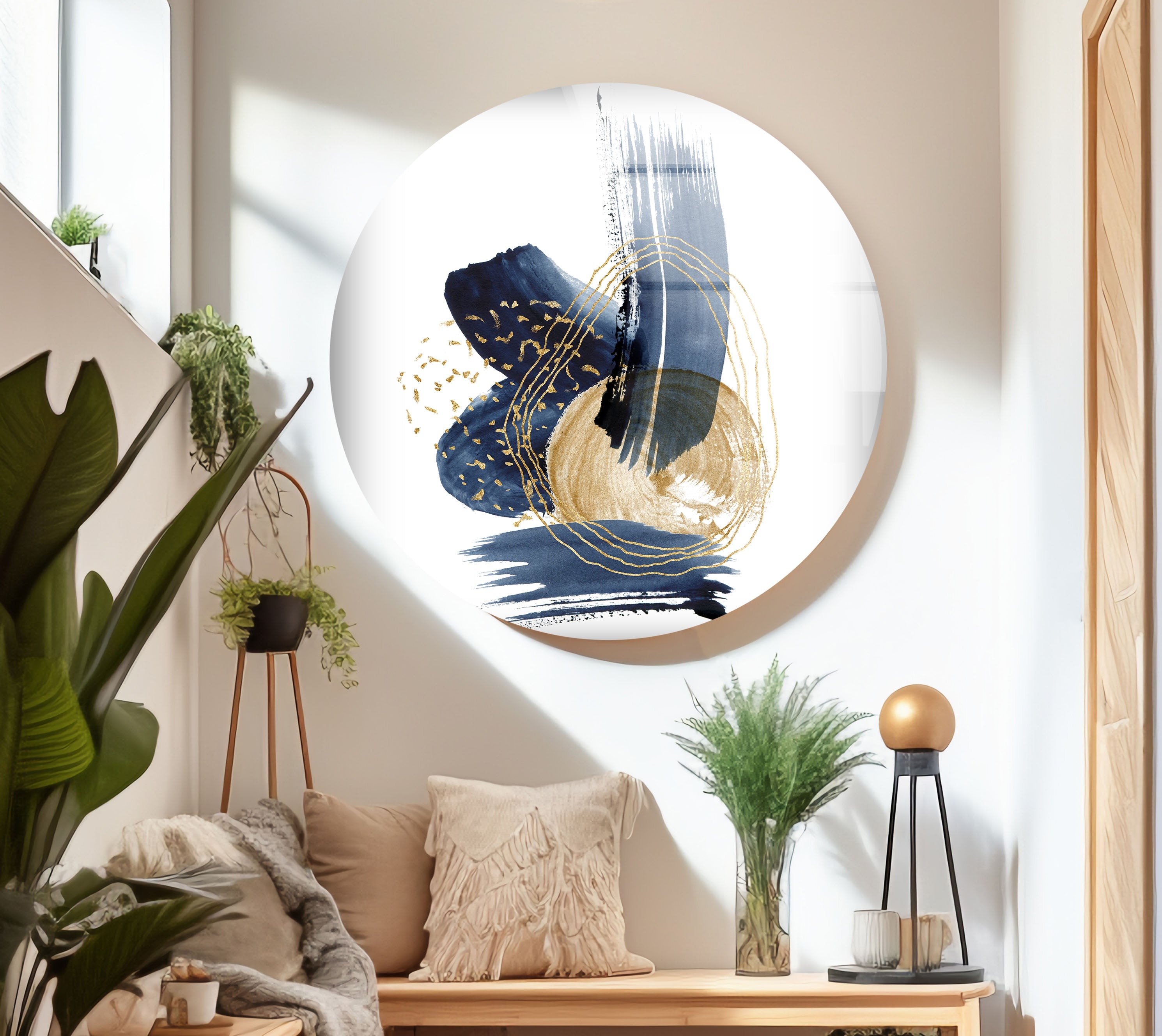Blue Gold Abstract Painting Glass Wall Art - Modern Home Decor for Living Room, Bedroom & Office - Handmade Glass Wall Hanging for Unique Interior Design