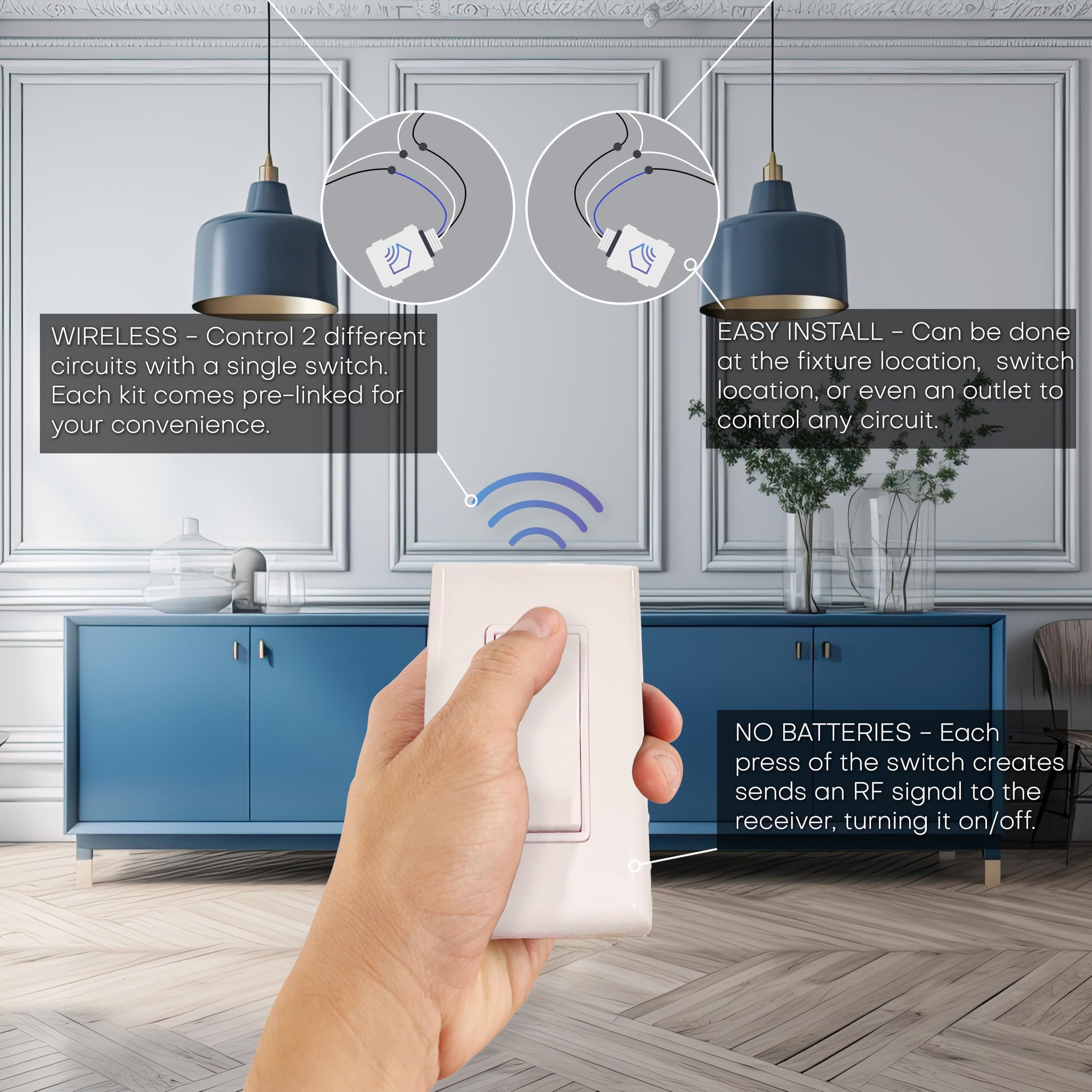 RunLessWire 2 Fixture Remote Light Switch Kit - Wireless, Battery-Free, Self-Powered Kinetic DIY Wall Switch - 150ft RF Range - Includes 2 On/Off Receivers & 1 Switch - Light Almond - Perfect for Bedrooms, Living Rooms & Home Automation