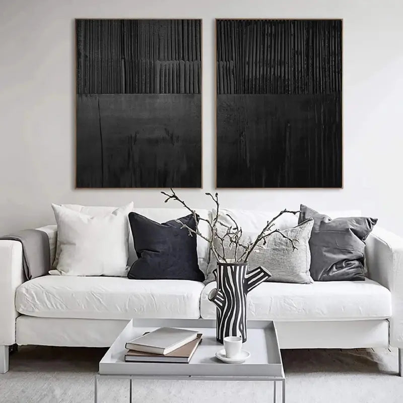 Black Minimalist Textured Painting Canvas Set of 2 - Modern Abstract Wall Art for Living Room & Bedroom Decor - #MZ028