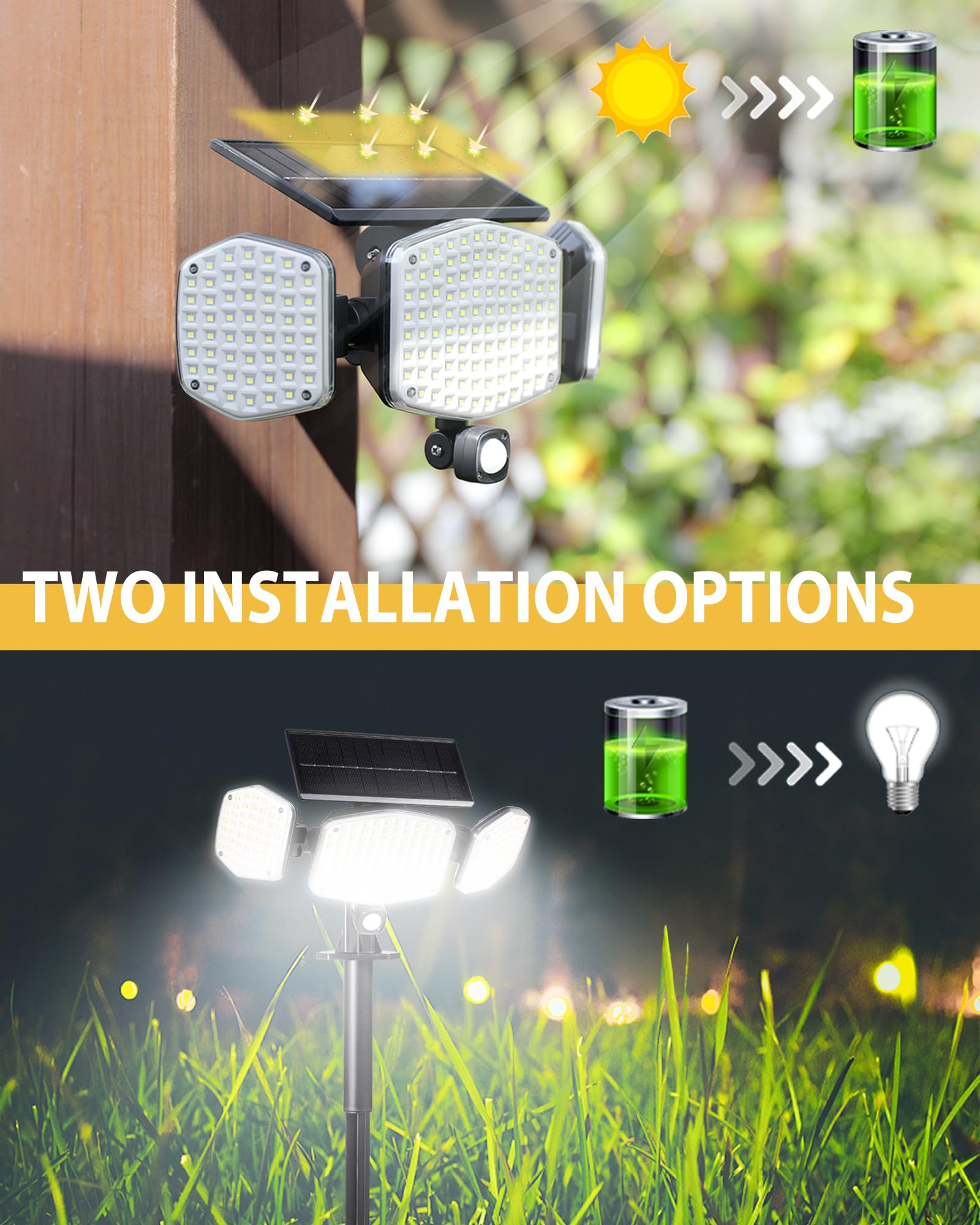 208 LED Solar Motion Sensor Lights Outdoor - Super Bright 270° Illumination Security Floodlight for Garden, Porch, Pathway - 3 Lighting Modes, IP65 Waterproof, Stake or Wall Mount - Perfect for Nighttime Safety & Landscape Lighting