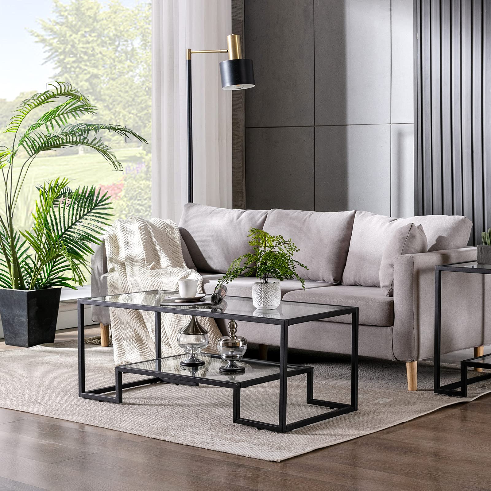 Modern Black Metal & Tempered Glass Coffee Table with Storage Shelf - Stylish Accent Side Table for Living Room, Office & Home Decor - Perfect for Small Spaces, Lounges & Contemporary Interiors