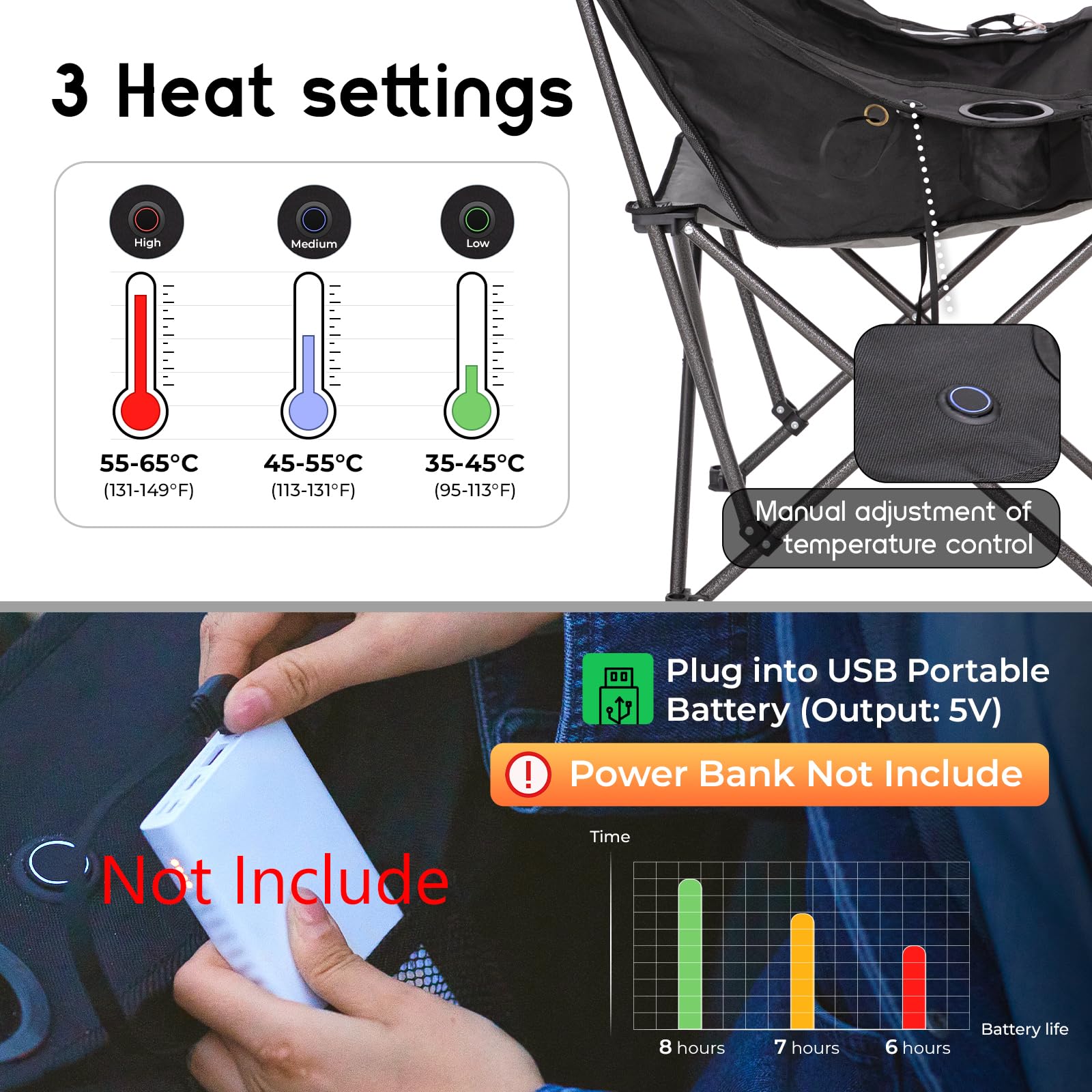 KingCamp Heated Camping Chair with 3 Heat Levels - Oversized Folding Padded Outdoor Chair for Adults, Includes Cooler Bag & Cup Holder (Black/Grey) - Perfect for Camping, Backyard, Fishing & Outdoor Events