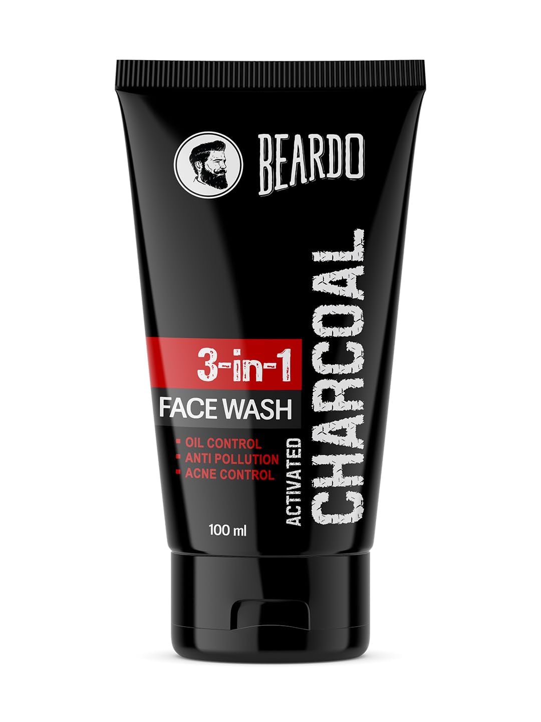 Beardo 3-in-1 Activated Charcoal Face Wash for Men - Deep Cleansing, Exfoliating & Detoxifying Formula | Oil Control & Pore Minimizer for Oily Skin | Removes Dirt, Pollution & Impurities | 100ml Travel Size | Perfect for Daily Skincare Routine & Gym Bag Essentials