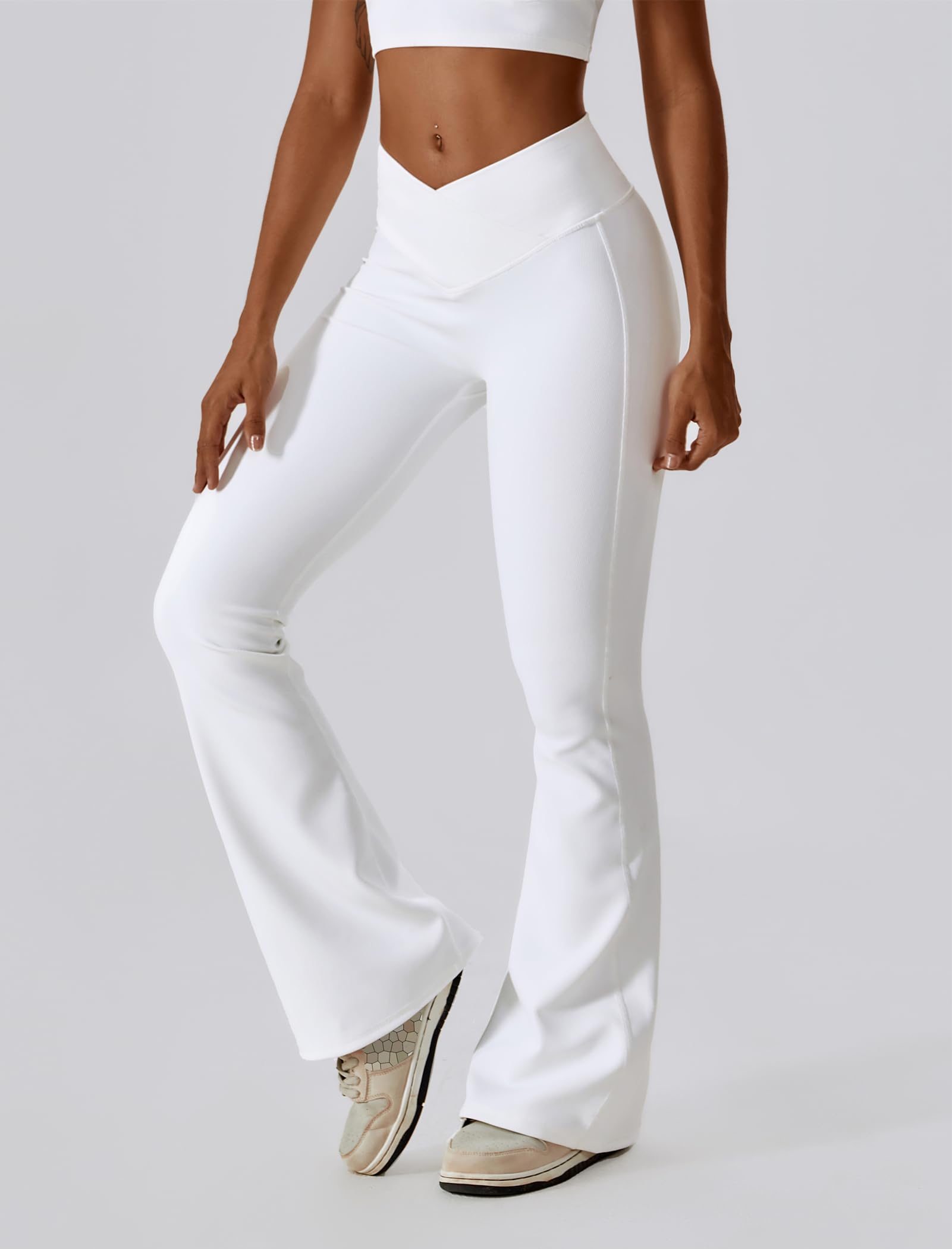 ABOCIW Women's High Waisted Crossover Ribbed Flare Leggings - Bootcut Yoga Pants with Tummy Control for Gym, Workout & Everyday Wear