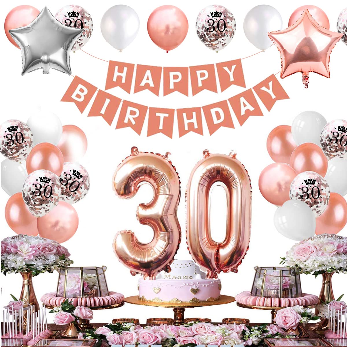 30th Birthday Party Decorations Set - Rose Gold Foil Balloons, Confetti Balloons, Bunting Banner, Tablecloth & Cake Topper - Perfect for Women's 30th Birthday Celebrations, Milestone Parties & Special Occasions