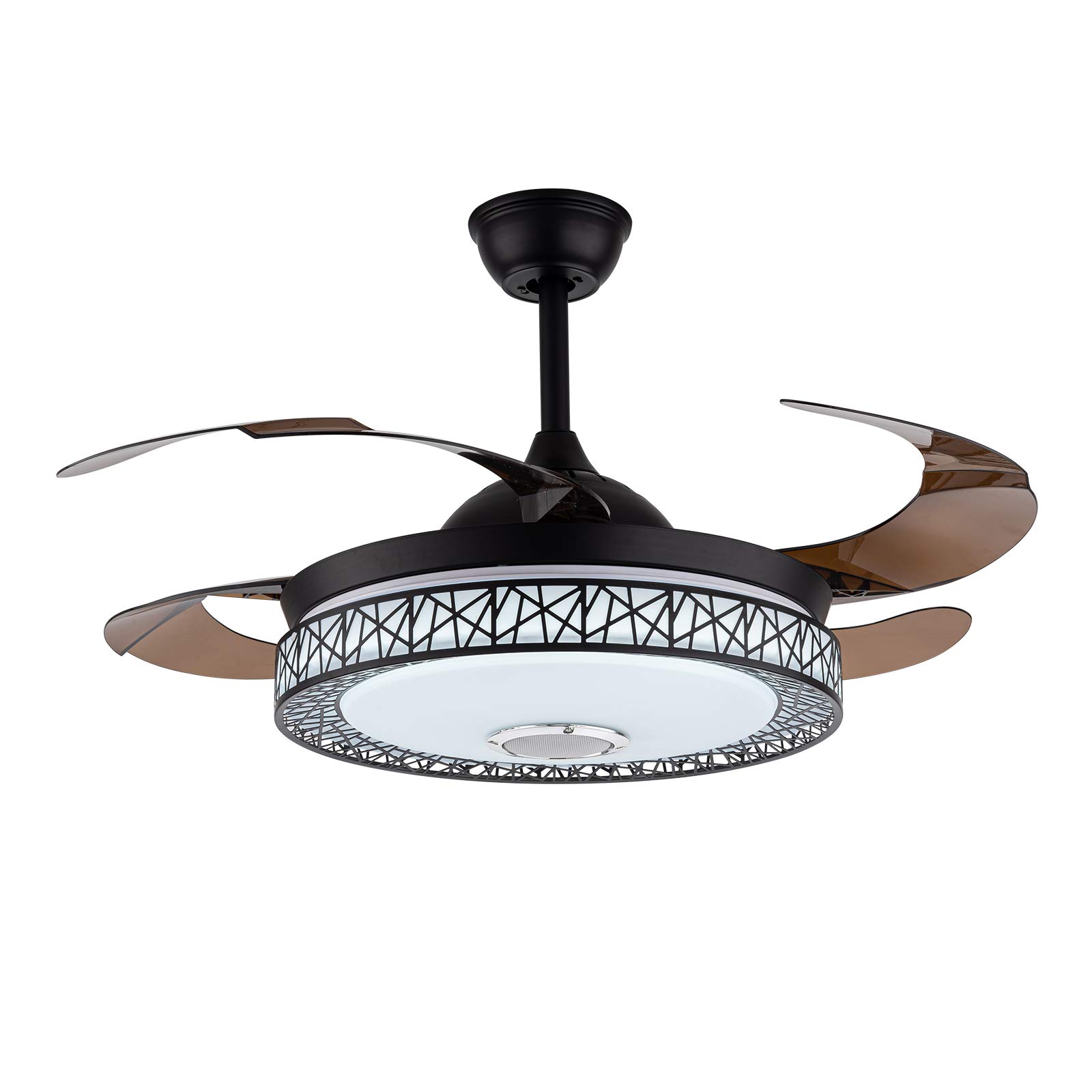 TBVECHI 42 Inch Smart Bluetooth Ceiling Fan with LED Light and Remote Control - Dimmable Chandelier Fan with 4 Retractable Blades for Living Room, Dining Room, Bedroom - Black | Modern Home Cooling & Lighting Solution