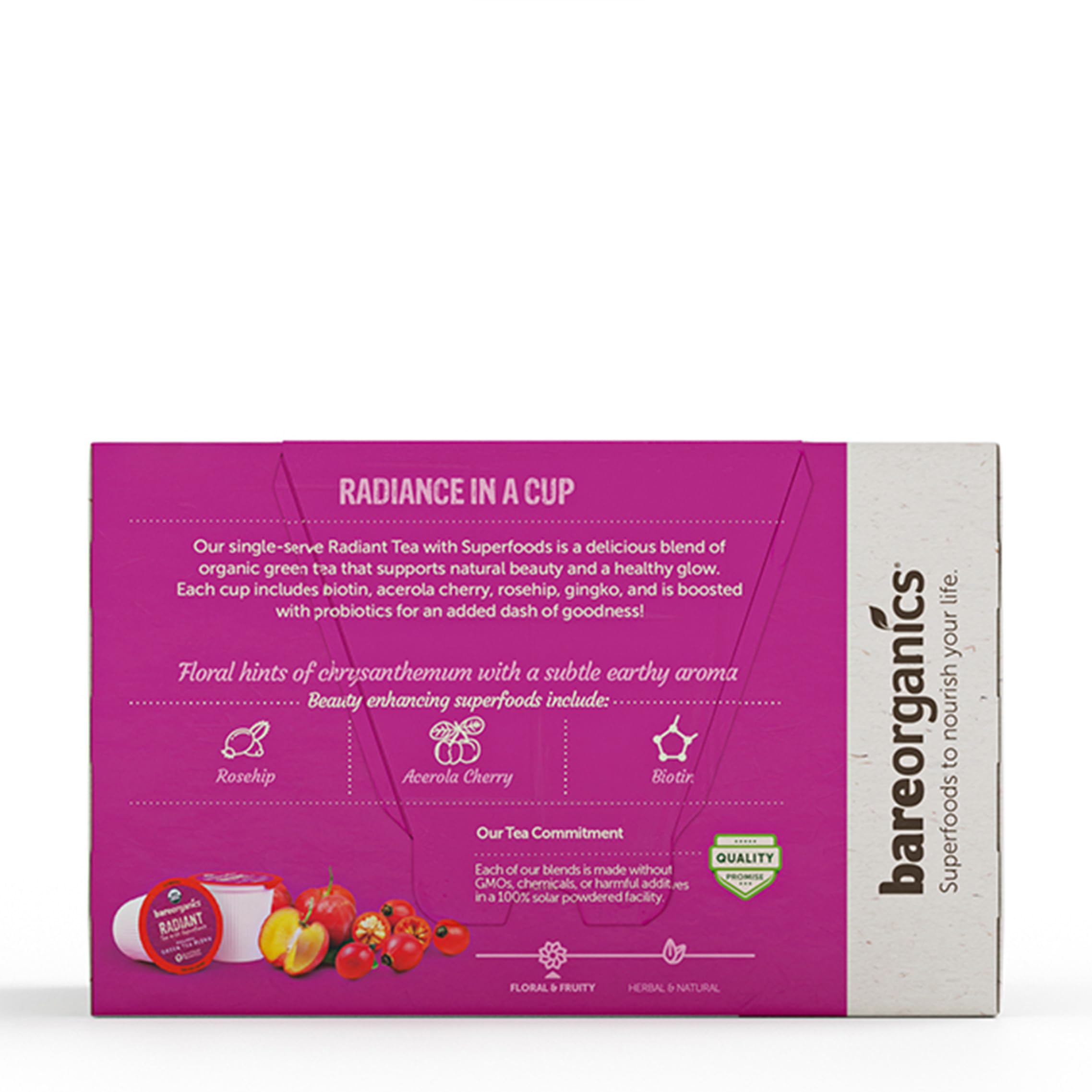 BareOrganics Radiant Tea with Superfoods & Probiotics | USDA Organic Certified, Vegan, Non-GMO | Compatible Tea Pods for Keurig | 10 Count Recyclable K-Cups | Boost Energy & Detox for Daily Wellness