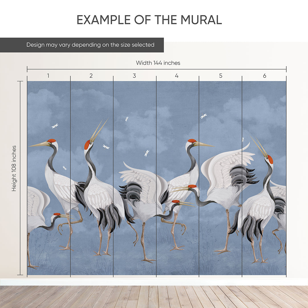 Blue Japanese Cranes Wall Mural WM111 - Elegant Home Decor for Living Room, Bedroom & Office - Peel and Stick Wallpaper for Easy Installation