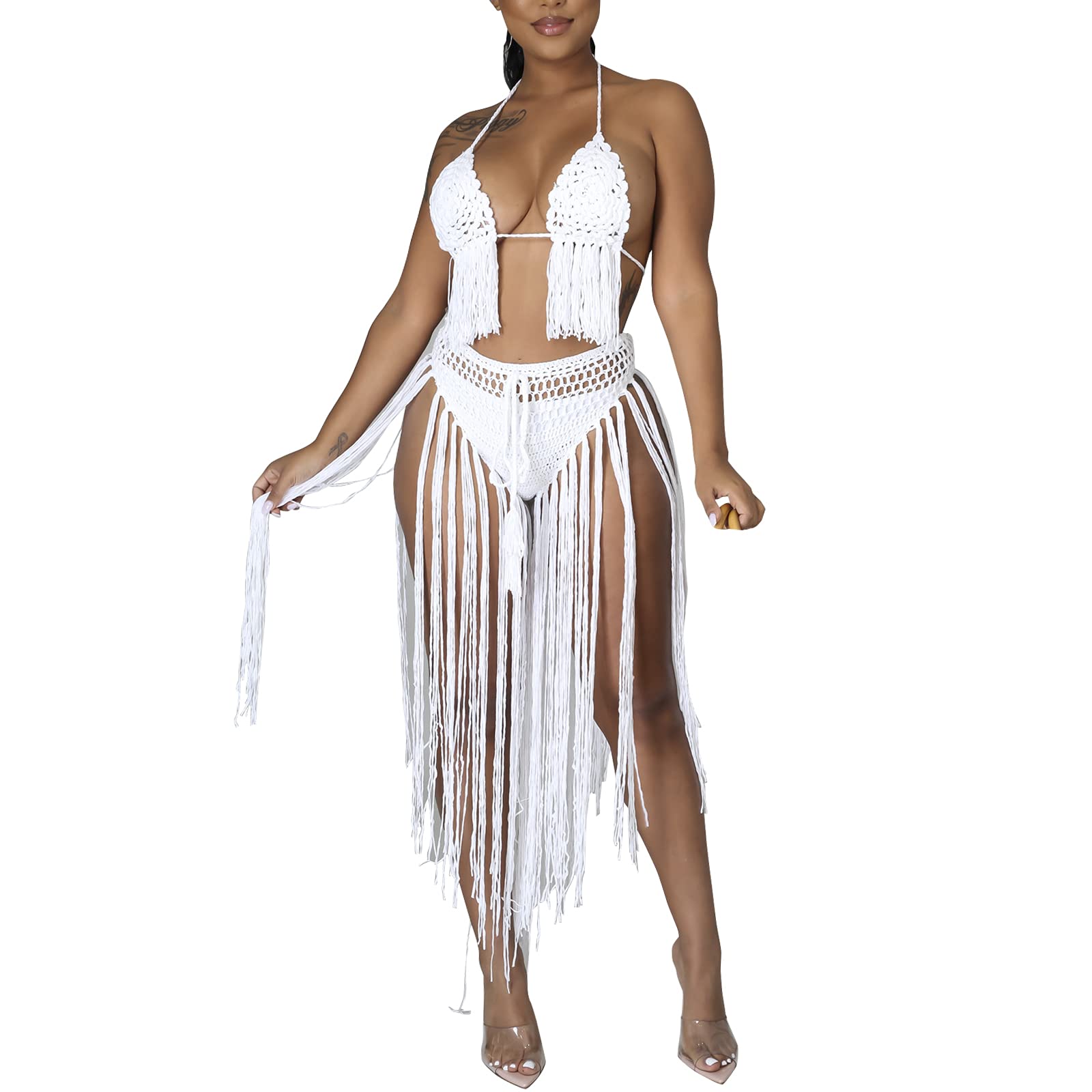 Sedmoda Women's Crochet Bikini Set - Tassel Bra Top & Maxi Skirt Cover Up - Sexy Two Piece Swimwear for Beach, Pool & Vacation Outfits