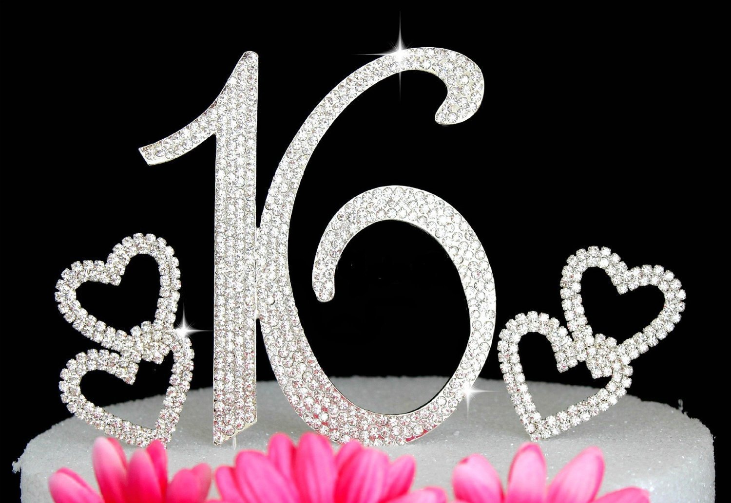 16th Birthday Crystal Cake Toppers - Sparkling Bling Cupcake Decorations with Hearts for Sweet 16 Party, Anniversary & Wedding Celebrations