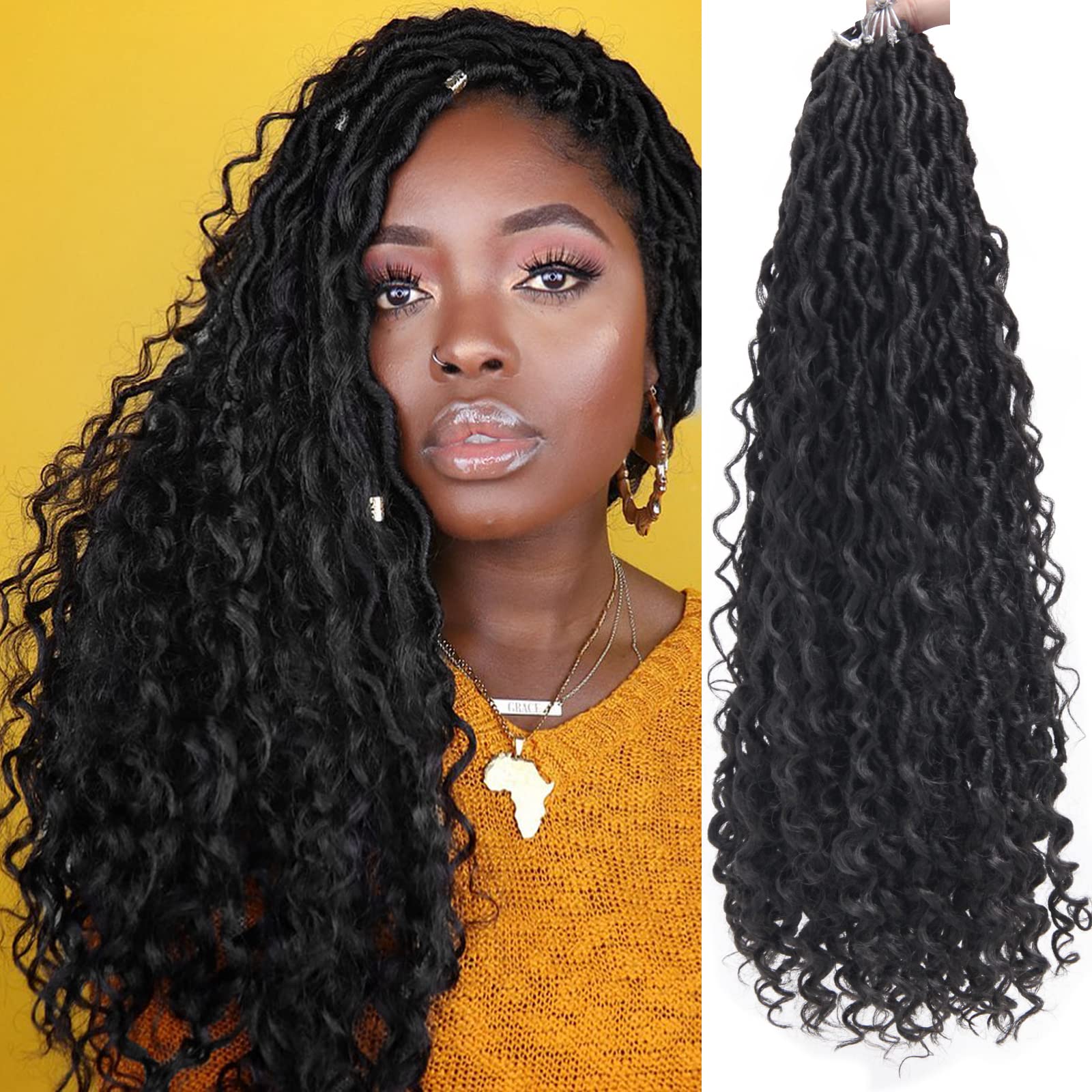 6 Packs 22 Inch Goddess Locs Crochet Hair - 1B Natural Black Curly Faux Locs Braiding Hair for Women | Perfect for Protective Styles, Boho Looks & Everyday Wear