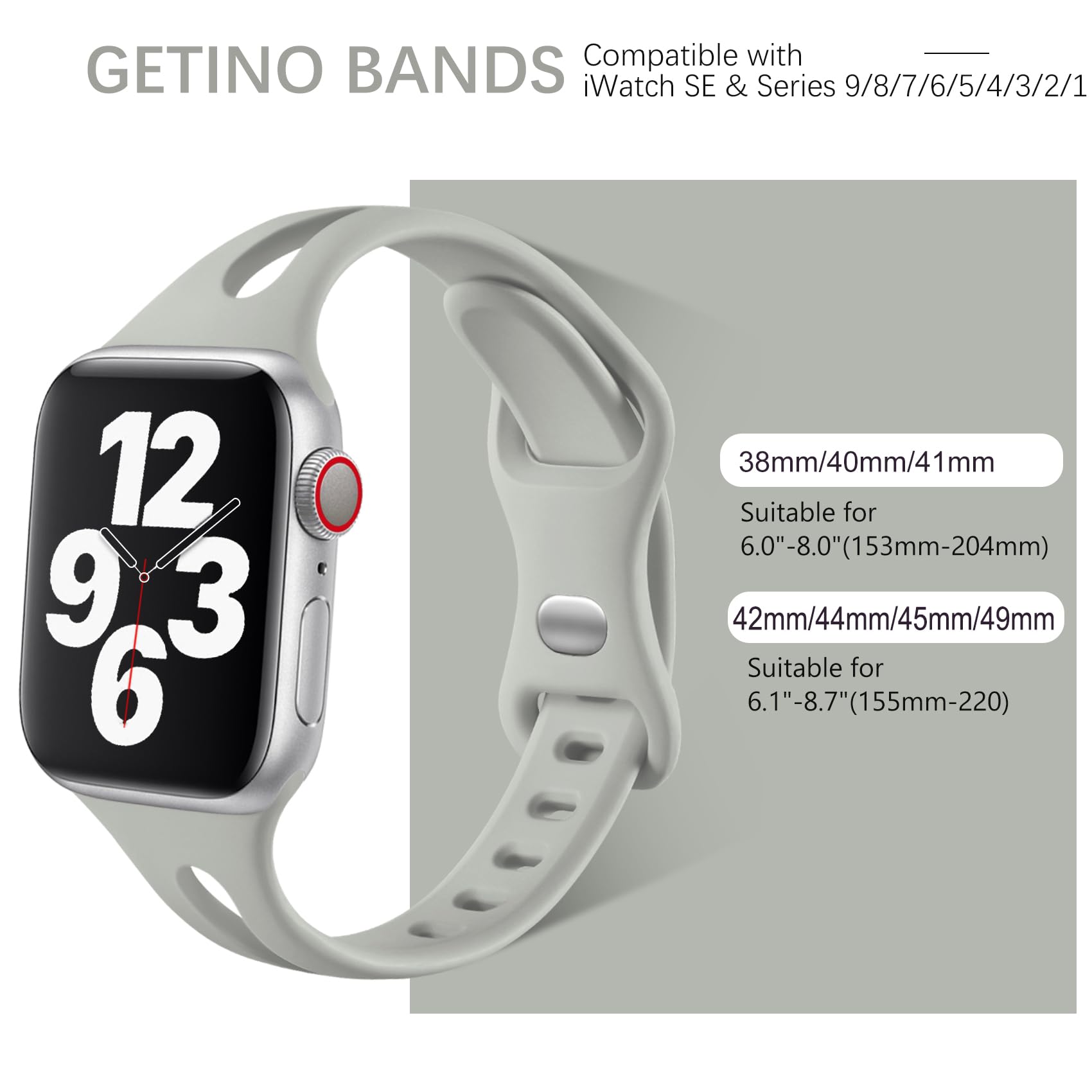 Getino Soft Silicone Sport Band Compatible with Apple Watch 38mm 40mm 41mm 42mm - for Series 1/2/3/4/5/6/7/8/9/10 & SE - Slim Durable Watch Strap for Women & Men (Black/Pebble Gray/Pink Sand/White) - Perfect for Gym, Running & Everyday Wear