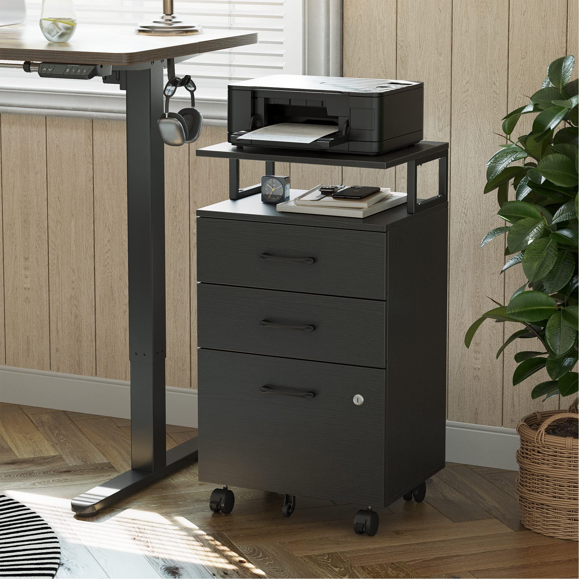 FEZIBO 3-Drawer Locking File Cabinet with Wheels - Wooden Storage Cabinet for A4/Letter/Legal Size Documents - Home Office Organization Solution for Files, Printer Stand & Office Supplies (Black) - Perfect for Small Spaces & Shared Workspaces