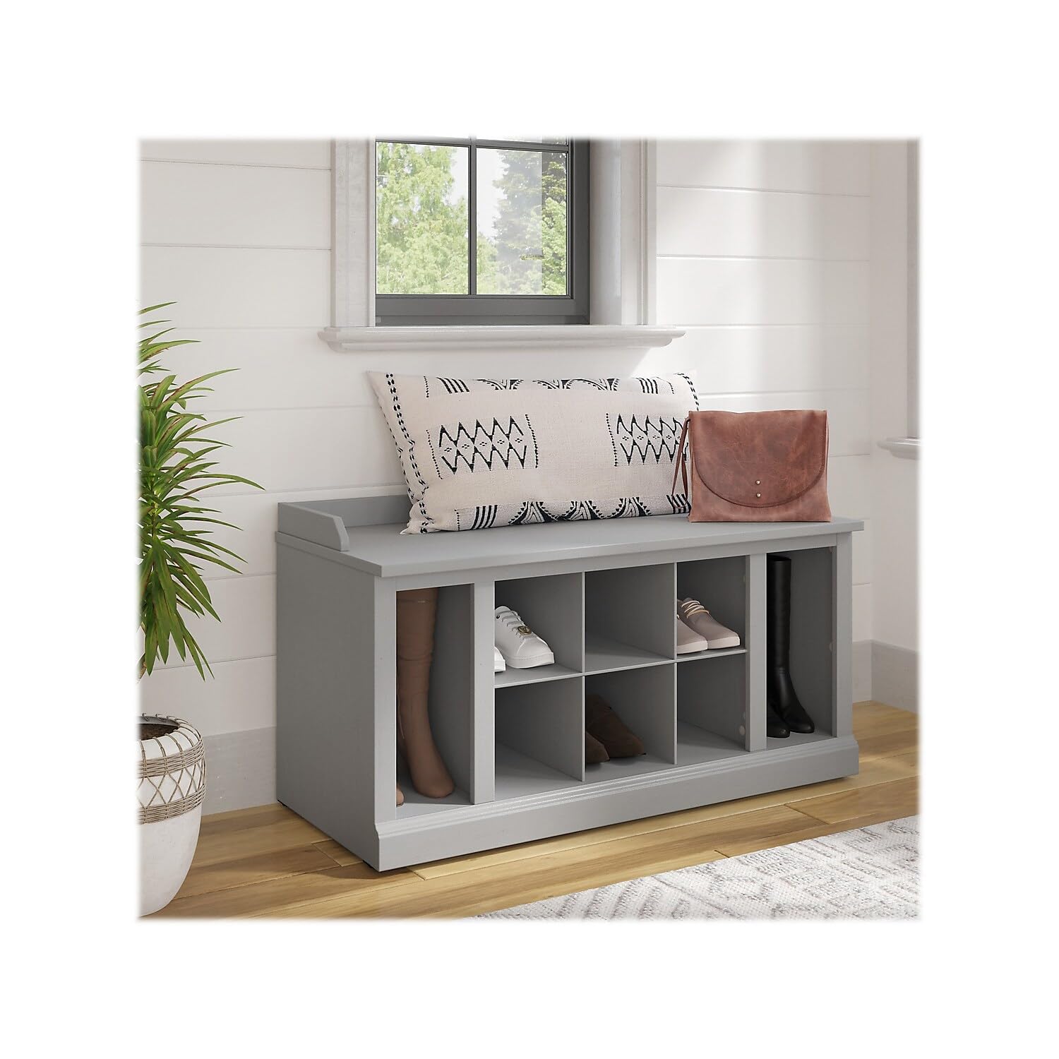 Bush Furniture Woodland 40W Shoe Storage Bench with Shelves in Cape Cod Gray | Entryway Shoe Organizer for Home, Mudroom & Foyer | Perfect for Small Spaces & Closet Organization
