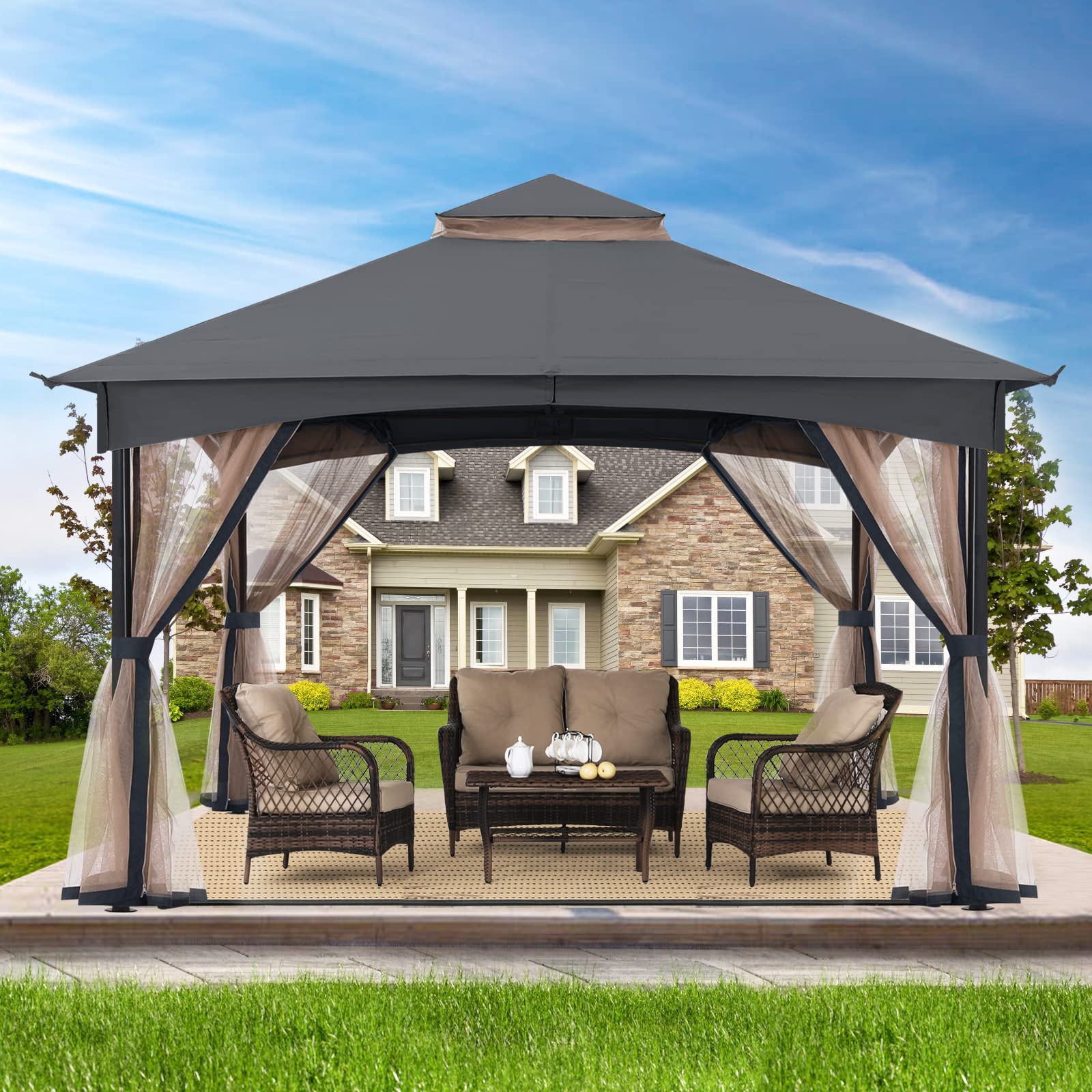MASTERCANOPY Tool-Free 11x11ft Patio Gazebo with Netting Walls - Easy Screw-Free Installation for Outdoor Garden, Backyard, and Camping (Gray)