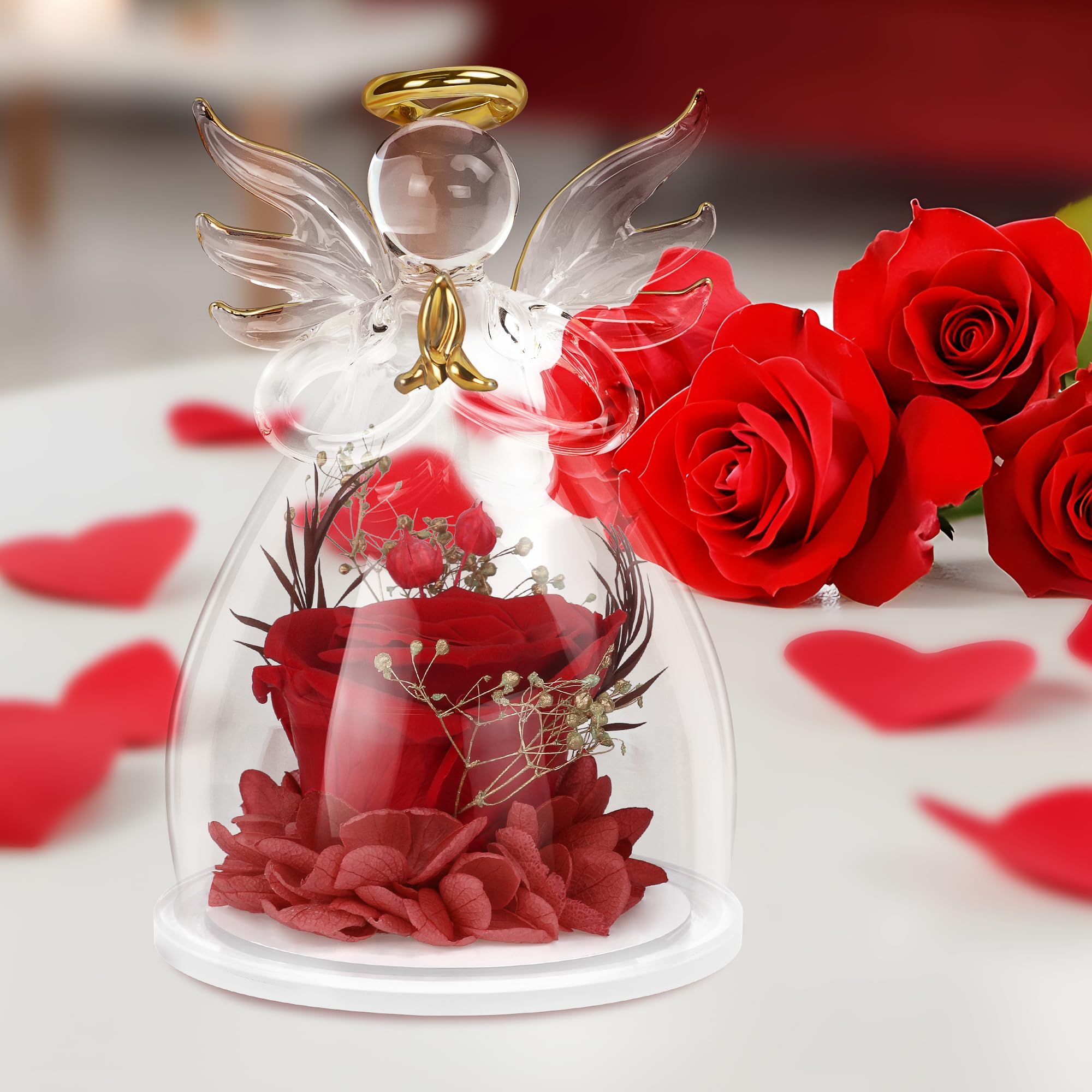Preserved Red Rose in Glass Angel Figurines - Mother's Day, Birthday Gift for Women, Mom, Grandma, Wife, Sister - Perfect for Home Decor, Wedding Favors, and Special Occasions