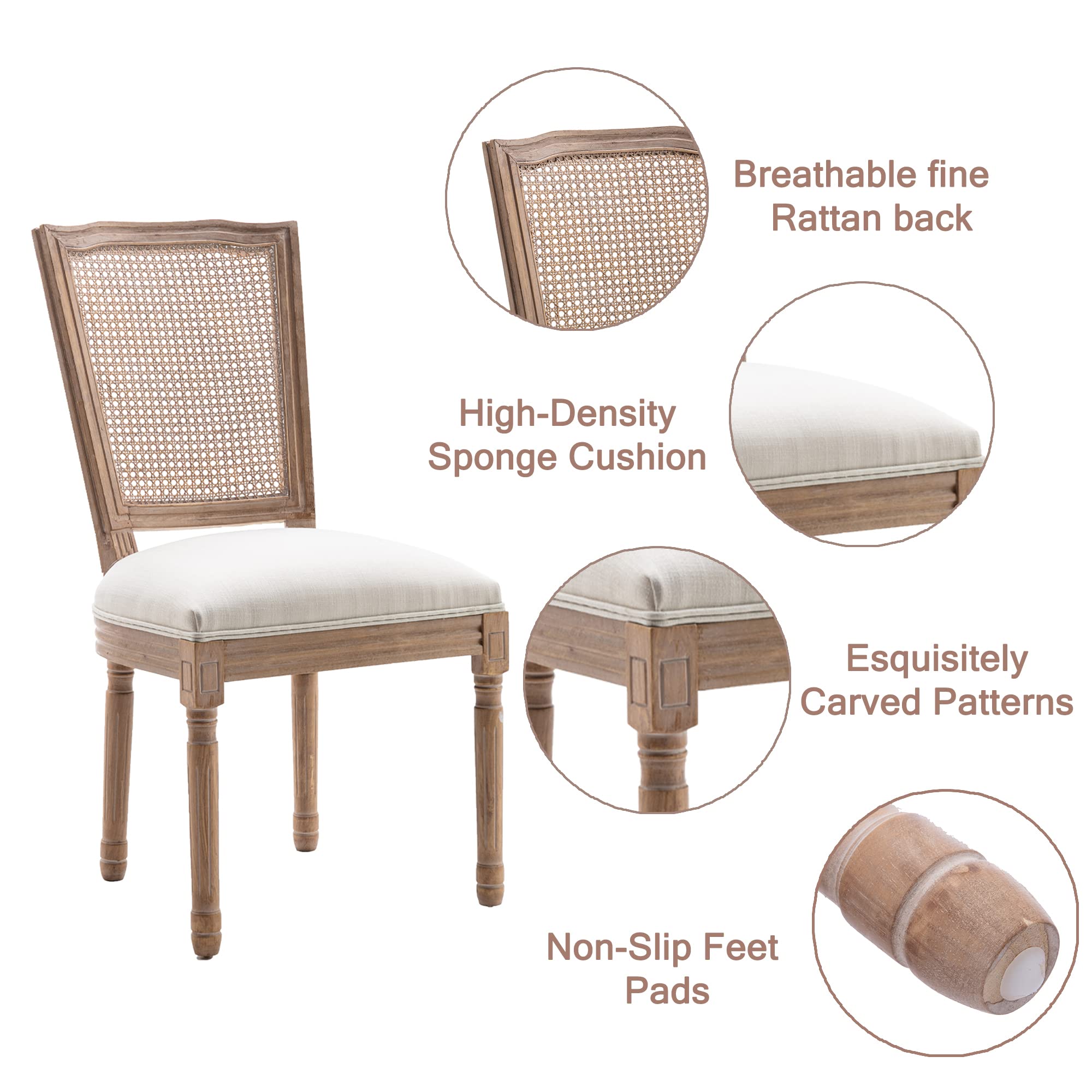 Nrizc Farmhouse Dining Chairs Set of 4 - French Country Style Rattan Back Chairs with Solid Wood Legs - Bistro Kitchen & Restaurant Furniture for Dining Room, Living Room, Patio and Cafe Decor