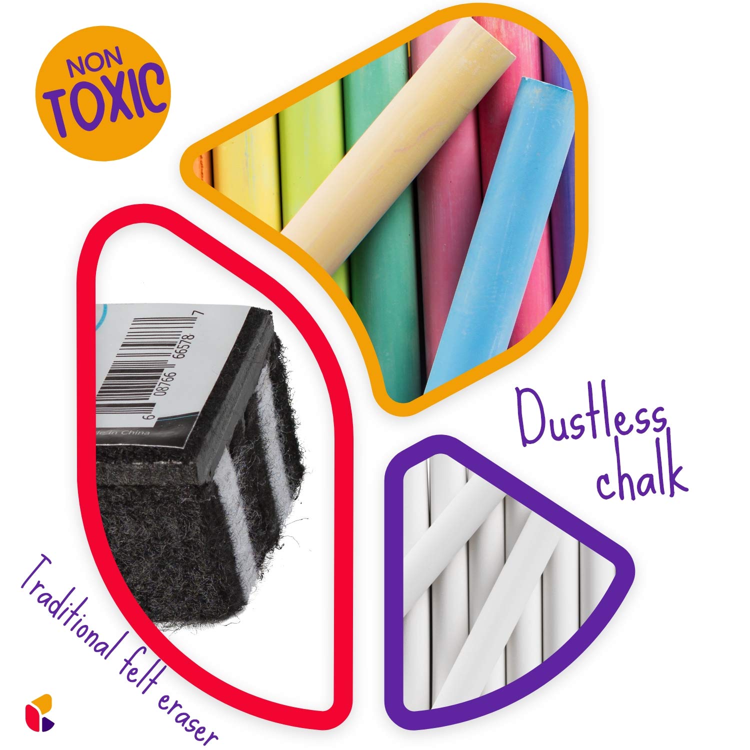 Dustless Chalk Set with Eraser - 25 Pcs (12 Colored & 12 White Chalk) for Smooth Writing on Blackboards - Includes 1 Felt Chalkboard Eraser - Perfect for Classrooms, Home Schooling & Art Projects