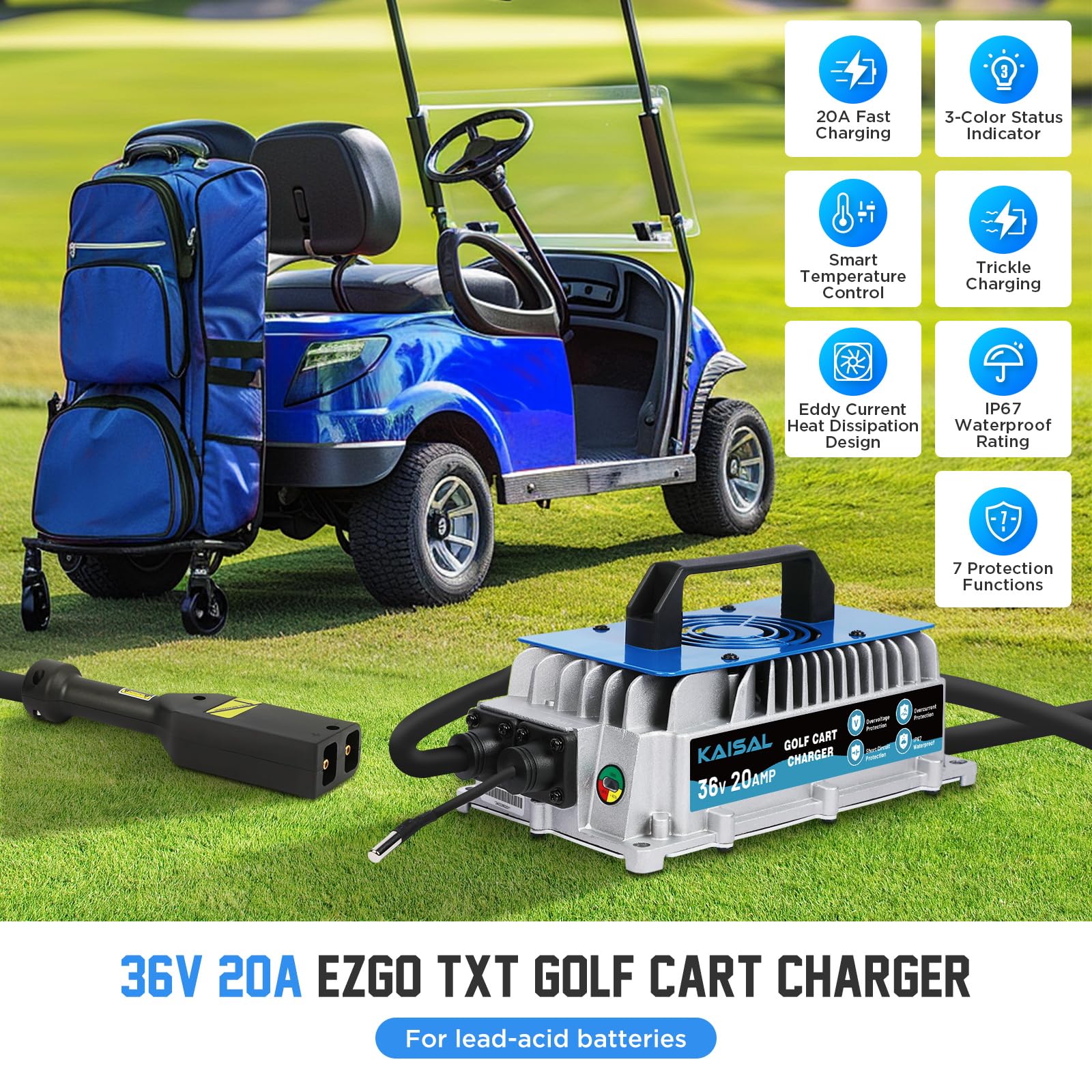 36V 20A EZGO Golf Cart Battery Charger - 1250W IP67 Waterproof with 16FT Cable - Fast 4-6 Hour Charge for EZGO TXT D-Plug & Lead-Acid Batteries - Perfect for Golf Courses, Resorts & Private Golf Cart Maintenance
