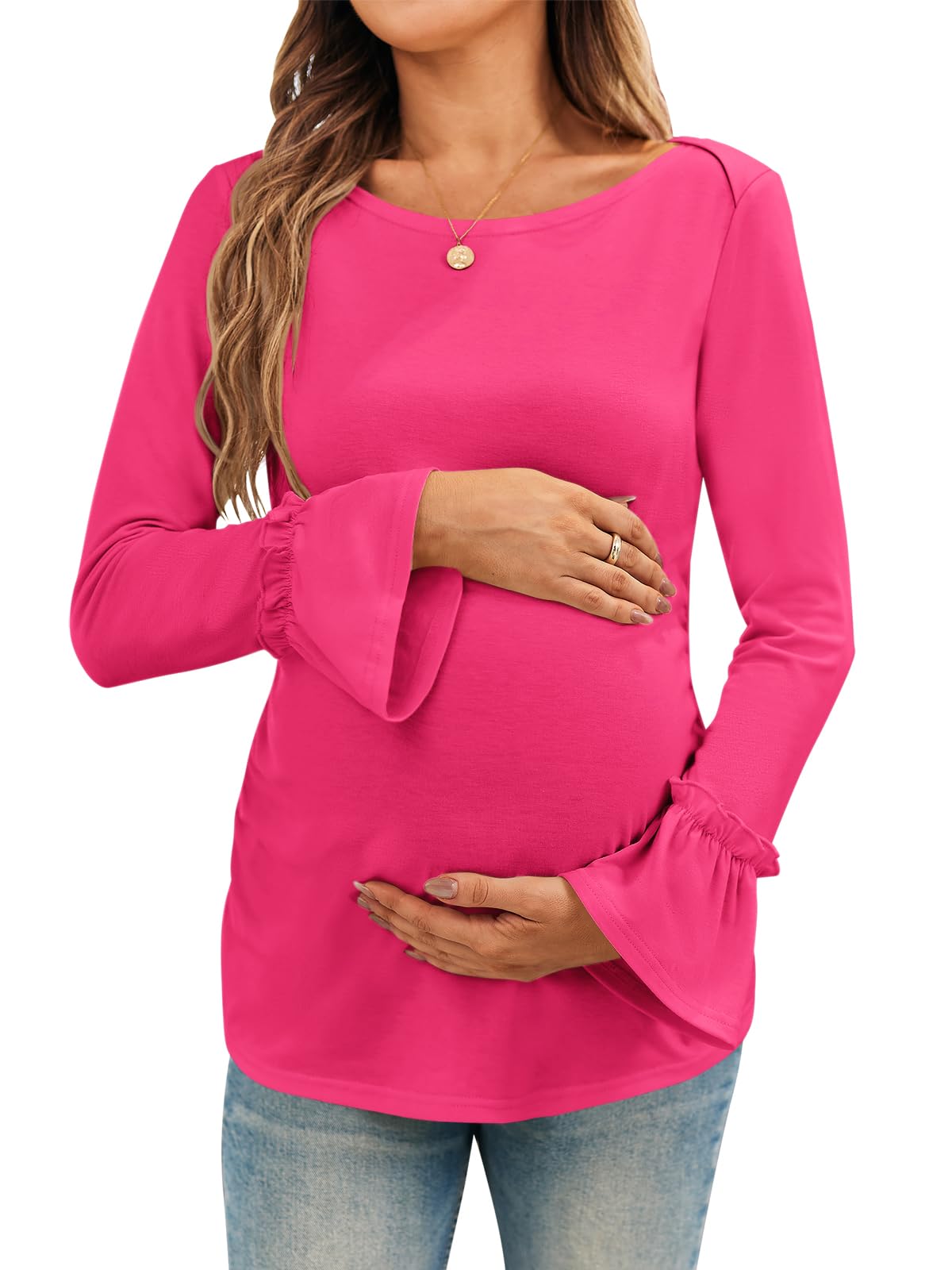 Women's Maternity Shirts - Bell Sleeve Pregnancy Tops, Casual Boat Neck Nursing Clothes for Expecting Moms | Perfect for Work, Daily Wear & Maternity Photos