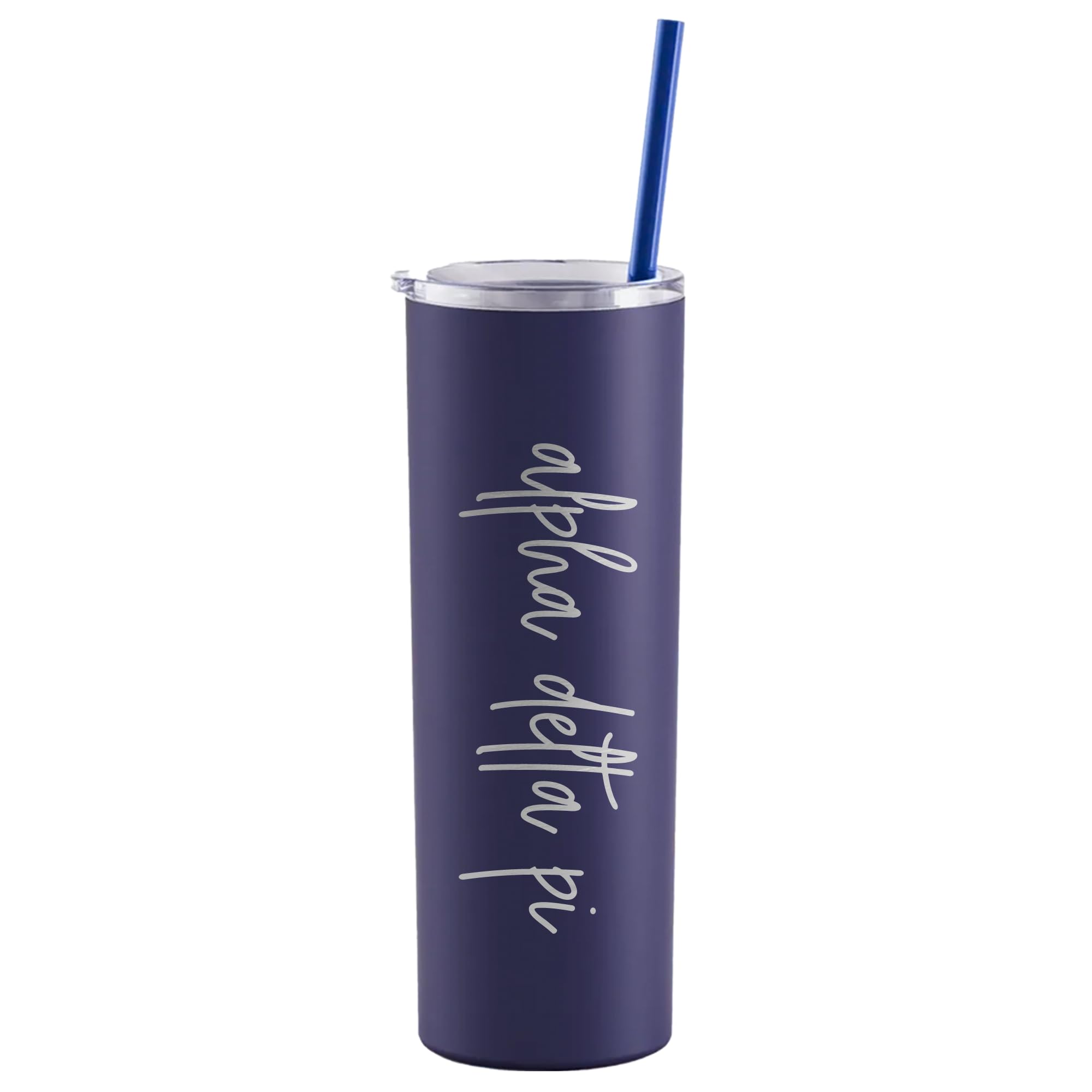 Alpha Delta Pi Laser Engraved Skinny Tumbler with Straw - 20oz Insulated Stainless Steel Travel Mug for Sorority Sisters (Navy) - Perfect for College, Greek Life Events & Everyday Hydration