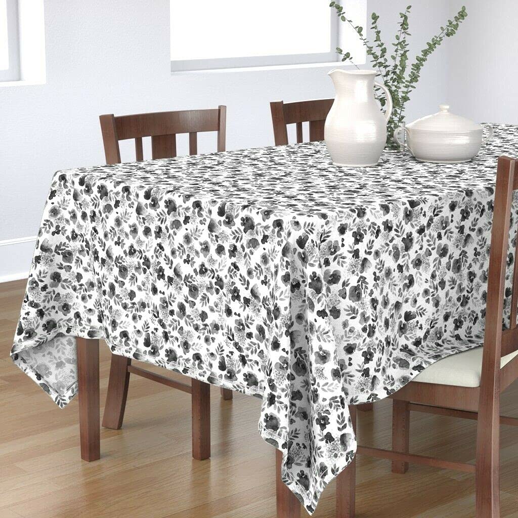 1 Piece Black and White Floral Watercolor Tablecloth - Cotton Sateen Fabric - Perfect for Dining Tables, Kitchen Decor, and Party Settings
