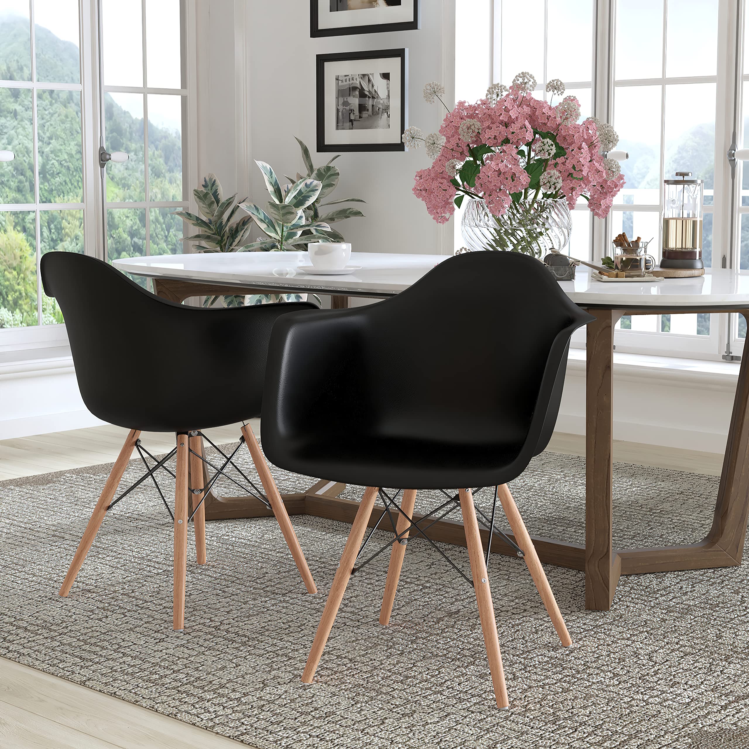 BizChair 2 Pack Black Plastic Arm Chairs with Wooden Legs - Modern Accent & Side Chairs for Dining Room, Kitchen, Office, and Outdoor Use