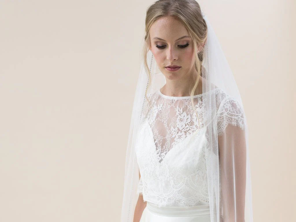 Ivory Diamanté Edge Chapel Length Wedding Veil - Elegant Bridal Accessory for Church Ceremonies & Formal Weddings