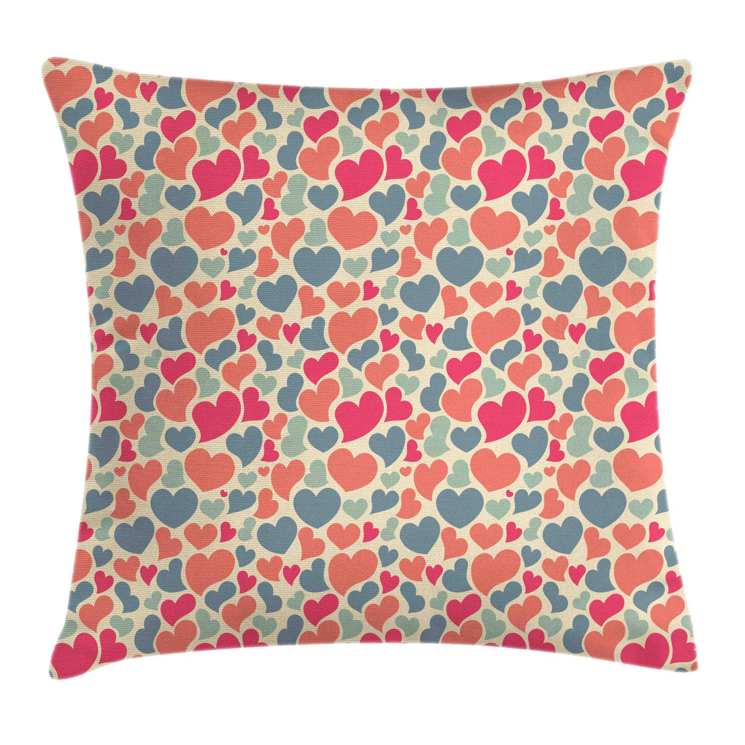 Ambesonne Love Throw Pillow Cover 24x24 Inch - Abstract Hearts Pattern in Champagne Coral & Blue Grey, Decorative Square Cushion Case for Sofa, Bed, Living Room