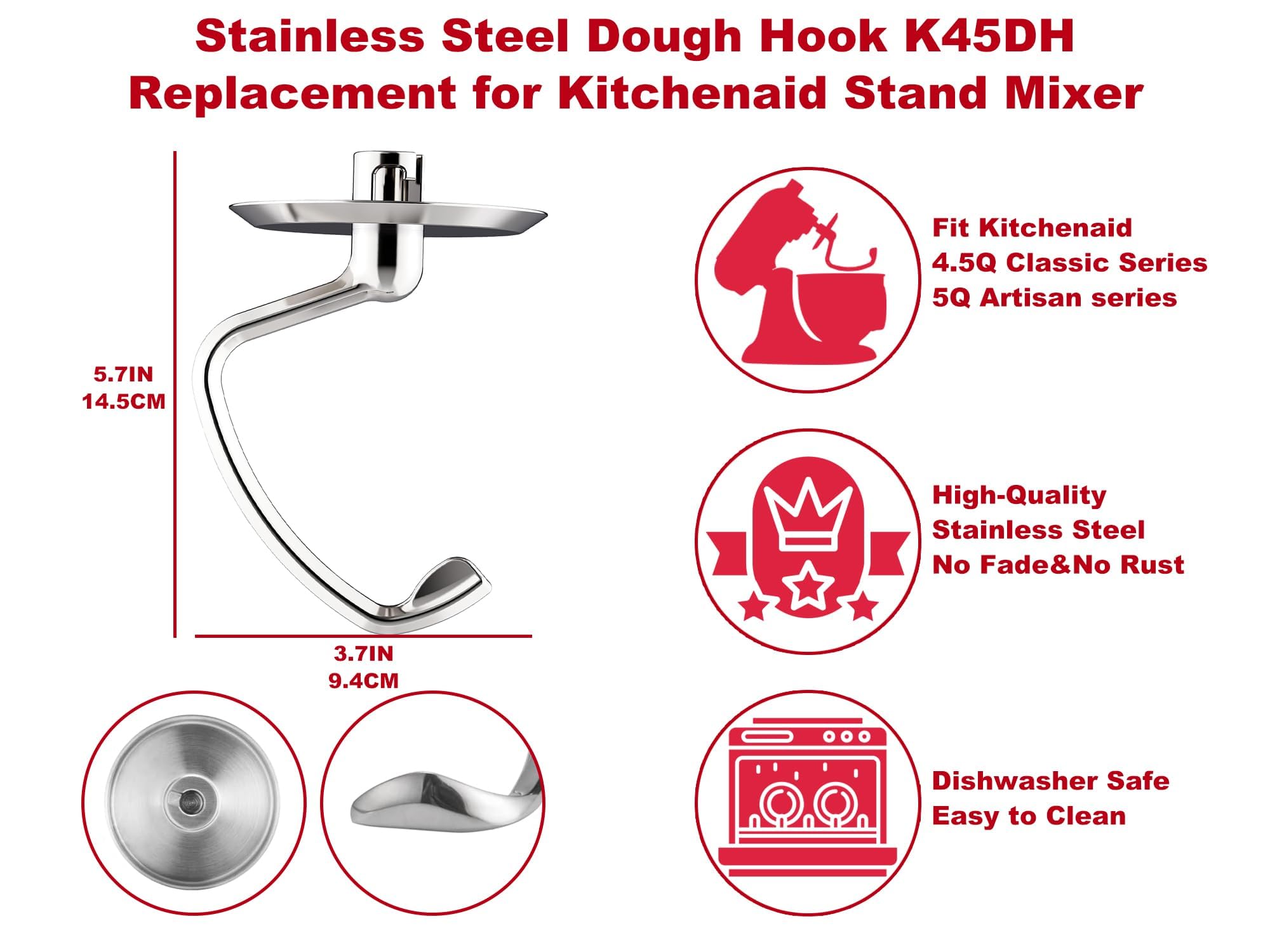 Stainless Steel Dough Hook Attachment for KitchenAid Mixer - Compatible with 4.5-5QT Tilt-Head Bowls, Classic/Classic Plus/Artisan Series (K45SS,KSM75,KSM90,KSM95,KSM150) | Dishwasher Safe | Perfect for Baking Bread, Cookies & Pastries
