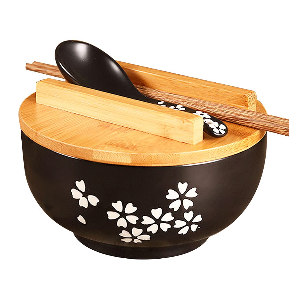 Premium Black Ceramic Bowl Set with Lid, Spoon & Chopsticks - Japanese Style Soup, Rice and Noodle Bowl - Ideal for Ramen, Pho, Asian Cuisine & Home Dining