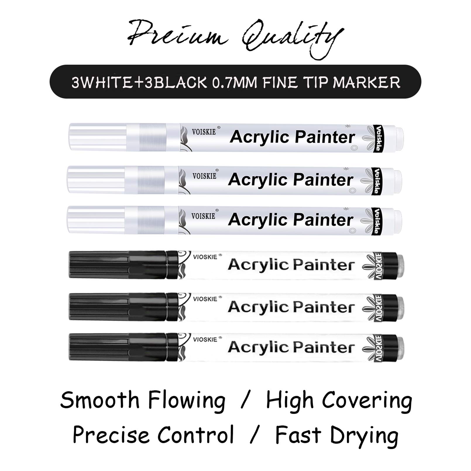 **White & Black Acrylic Paint Pens Set – 0.7mm Extra Fine Tip Permanent Markers for Rock, Stone, Ceramic, Glass, Wood, Plastic, Metal & Canvas – Water-Based Non-Toxic (3 Black + 3 White) – Perfect for DIY Crafts, Home Decor & Art Projects**