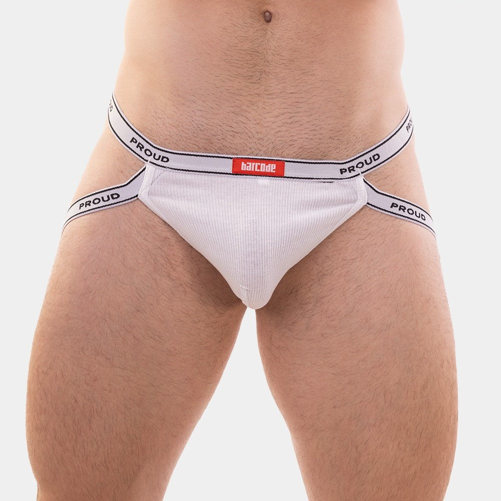 Berlin Rib Jockstrap for Men - White Barcode Design - Comfortable & Breathable Underwear for Gym, Sports & Everyday Wear
