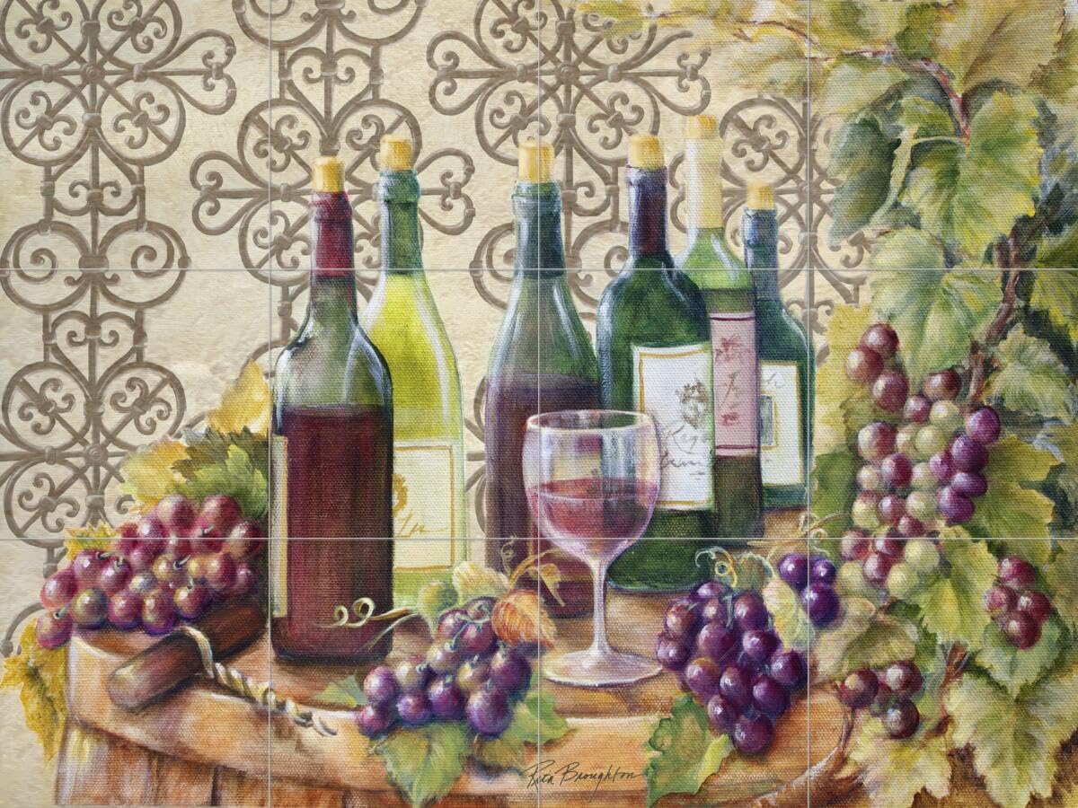 Wine Themed Ceramic Backsplash Tile Mural - Kitchen Decor - Wine Trellis III by Rita Broughton - Perfect for Vineyard Style Kitchens & Wine Cellar Accent Walls