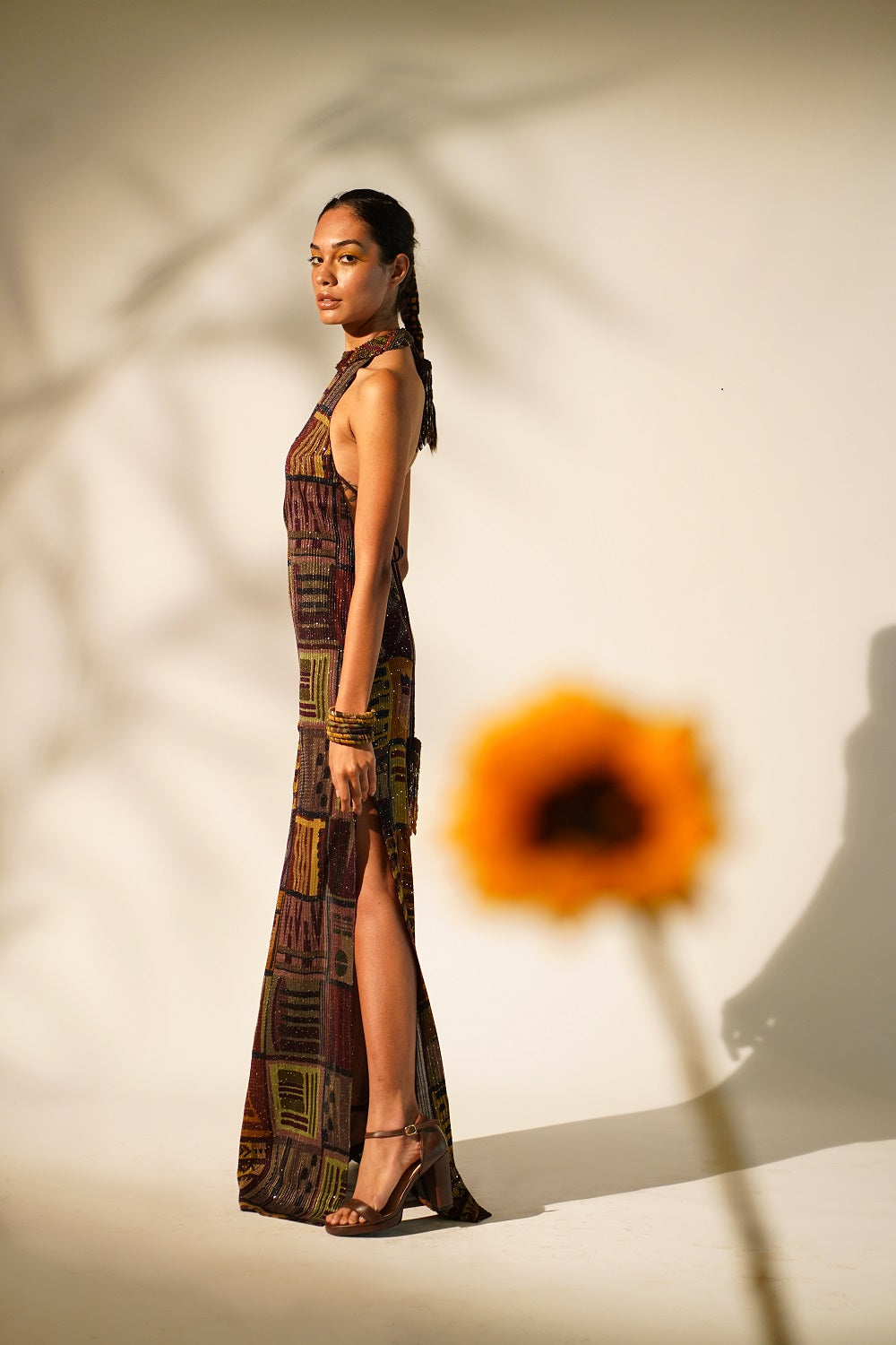 Stylish Multicolor Abstract Print Halter Neck Dress with Baroque Metallic Embellishments - Perfect for Cocktail Parties, Date Nights & Summer Vacations