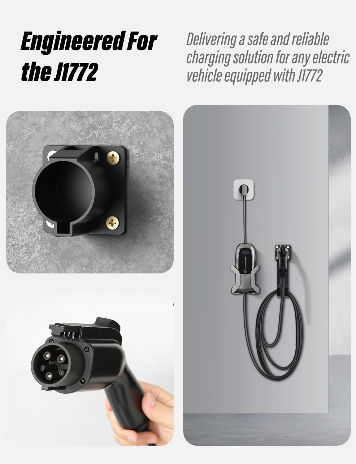 BMZX J1772 EV Charger Holder - Wall Mount Kit & Cable Organizer for Electric Car Charging Station - Nozzle Holster Dock & J-Hook - Perfect for Home & Public Charging Stations