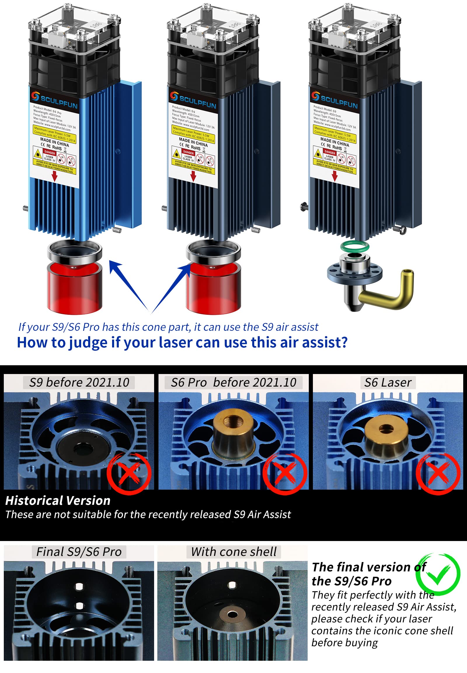 SCULPFUN S9 Air Assist Kit for Laser Engraver - Full Metal High Speed Air Assist with 2M Tube, 30L/min Adjustable Airflow - Perfect Upgrade for S9/S10 Engraving Machines - Ideal for Wood Cutting, Acrylic Engraving & Metal Marking